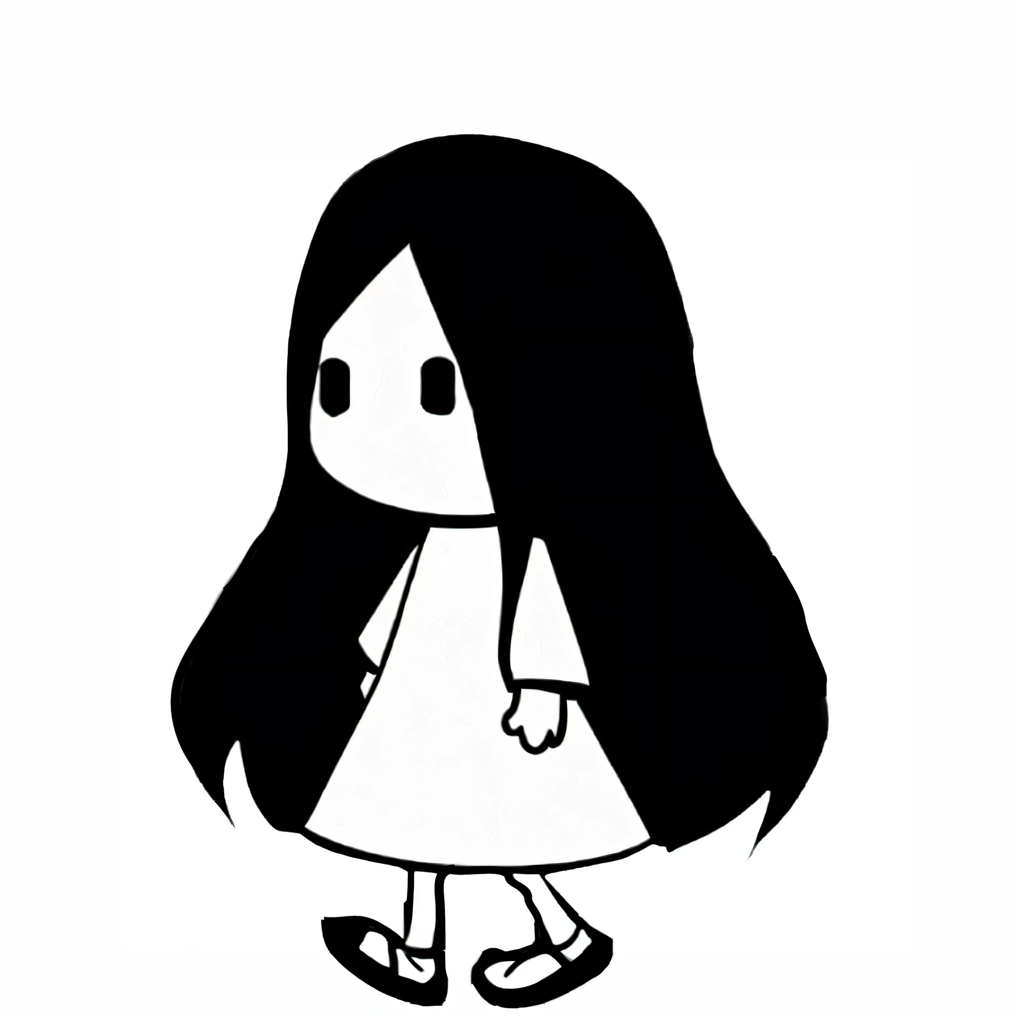 In cartoon girl with long black hair and white dress、It has a ghostly presence.、Has a pale and beautiful expression。I want you to draw a picture of yourself dancing while singing.。