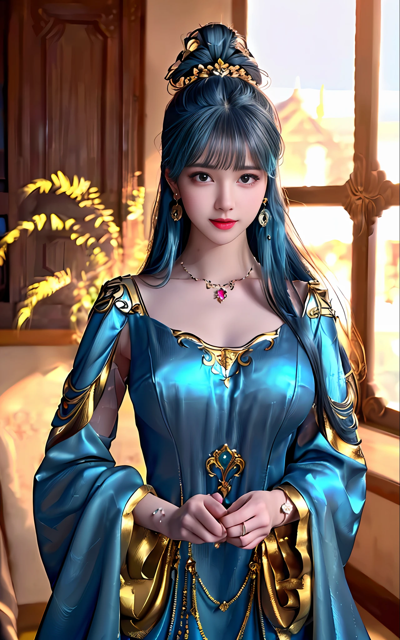 ((realisticity: 1.2)), ((best resolution: 8K UHD)), best quality,masterpiece,highres,cg,
((1 super detailed and super realistic girl)), ((very beautiful queen dazzling, super realistic, and super detailed)),((white skin, beautiful, smooth, youthful, super realistic and super detailed
)), long hair, ((super realistic and super detailed dress)), solo, ((super realistic, super beautiful, gorgeous and super detailed jewelry)), ((super beautiful, super realistic and super detailed dark red and golden yellow dress)),
((super beautiful, super realistic, super detailed diamond filled earrings)),
  ((super beautiful, super realistic and super detailed diamond filled hair ornament)), ((super beautiful upper body, super beautiful, super realistic and super detailed)), ((big breasts: 2.5)), 
((super grand, super realistic and super detailed royal palace backgroun))
((super beautiful, super beautiful, super realistic and super detailed hair bun)), ((super beautiful, super realistic and super detailed blue hair)),
candid, Photograph, high resolution, 8k,Bokeh,