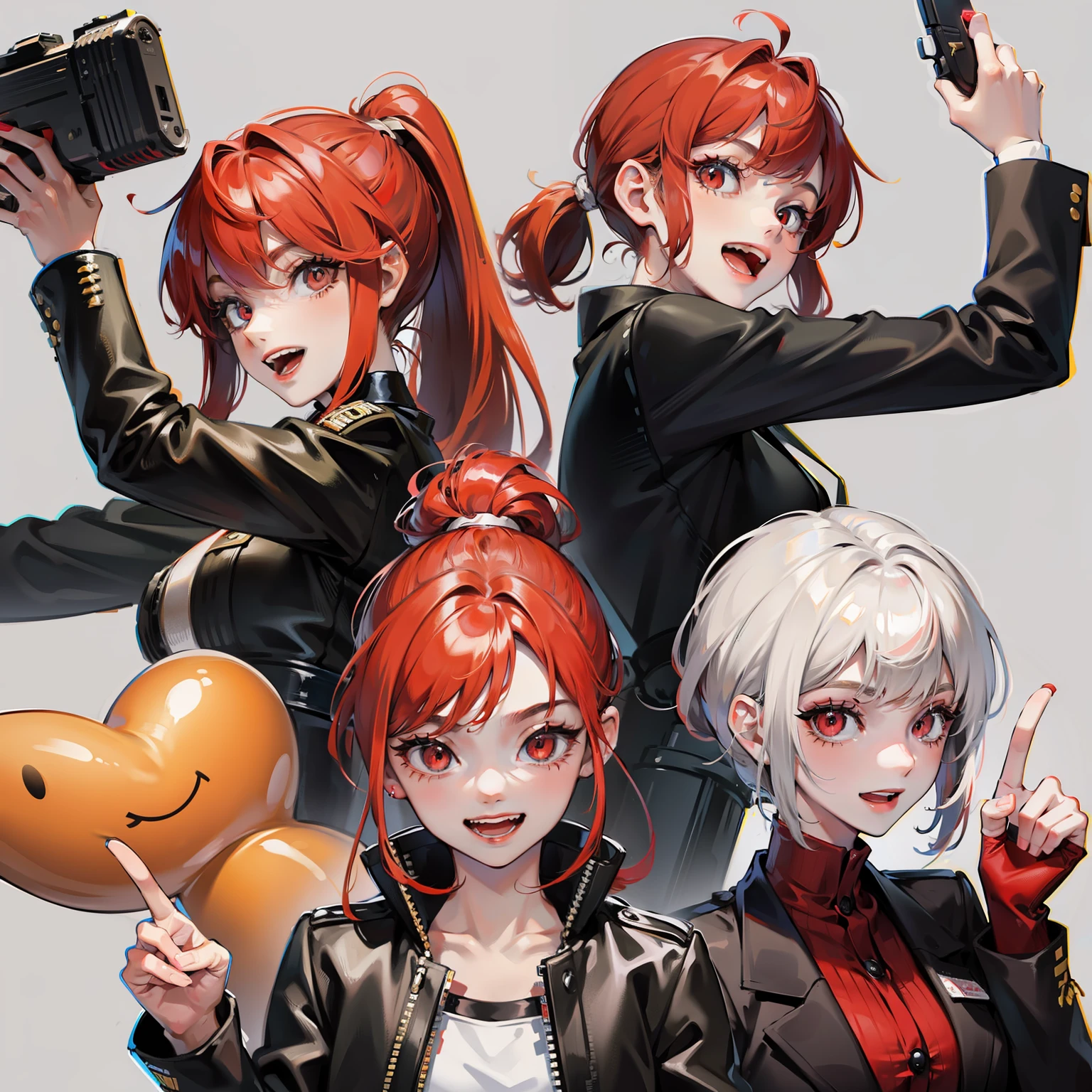 pretty woman psycho crazy laugh, holding guns pointing at camera, red eyes, crazy eyes, red hair, short ponytail