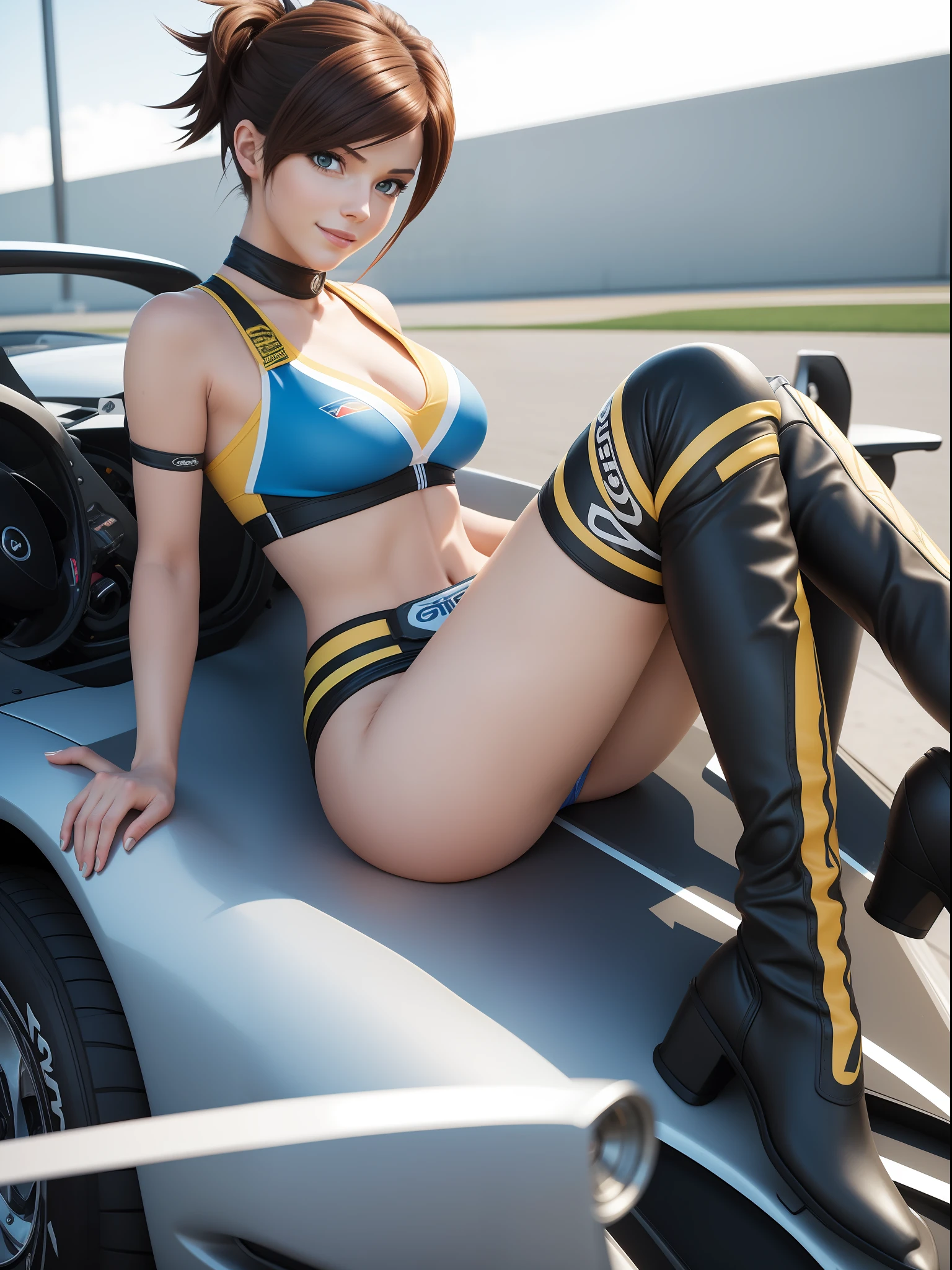 masterpiece, 1girl, tracer from overwatch, sitting on racing car, racing girl uniform, scantily clad, racing queen, seductive smile, thigh boots, large breasts, thin beautiful legs, young face, pretty eyes