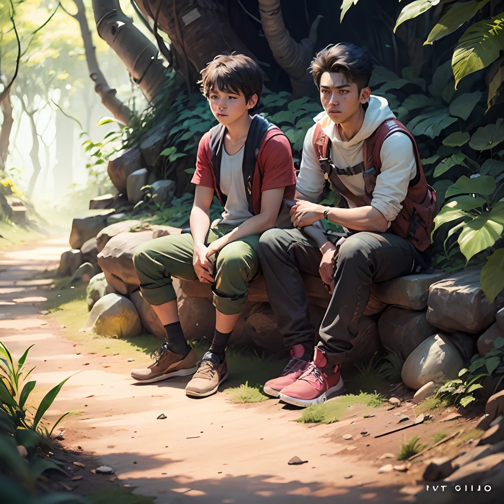 Realistic image of two boys who went to jungle and lost path of home scene 1 --auto --s2