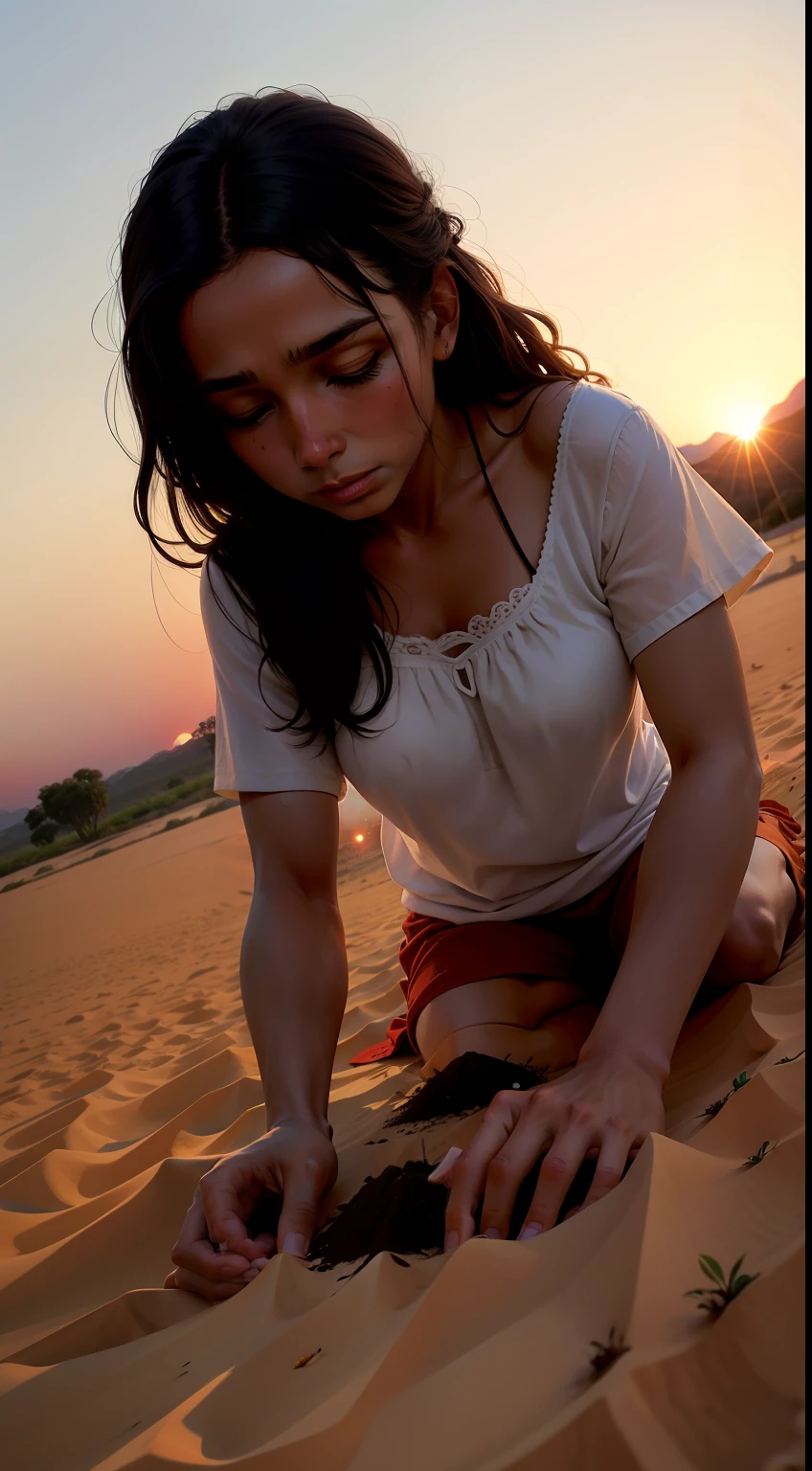 Uma cena de um velho caipira, inclinado sobre a terra, planting seeds with calloused hands, as the sun sets in the background.
