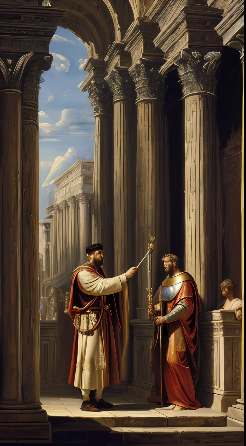 (masterpiece, oil painting, high resolution:1.3), Emperor Constantine, (elaborate Roman soldier armor:1.1), handing (jewel-encrusted scepter:1.2) to Pope Sylvester I, spiritual authority, ancient Roman cityscape, majestic temples, throngs of citizens, chiaroscuro lighting, rich background, warm tones, looking upwards, close-up.