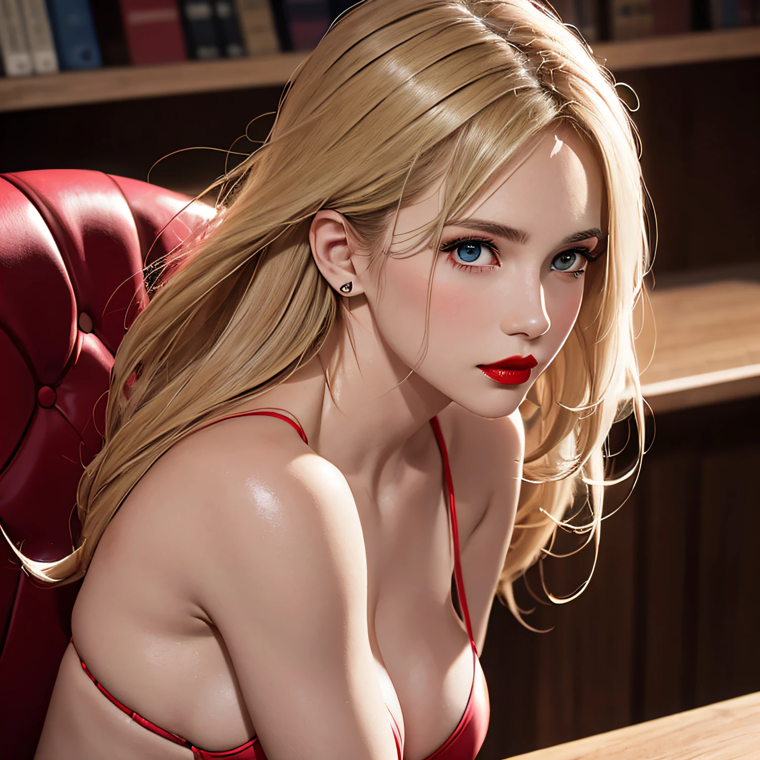 (8K, RAW Photos, of the highest quality, Masterpieces: 1.2), (Realistic, Photorealistic: 1.37), Highest Quality, Ultra High Resolution, light leaks, Dynamic lighting, Slim and smooth skin, (Full body:1.3), (Soft Saturation: 1.6), (Fair skin: 1.2), (Glossy skin: 1.1), Oiled skin, 22 years old, Night, shiny white blonde, Well-formed, Hair fluttering in the wind, Close-up shot of face only, Physically Based Rendering, From multiple angles, The bikini, Red glowing lipstick, atlibrary, a chair