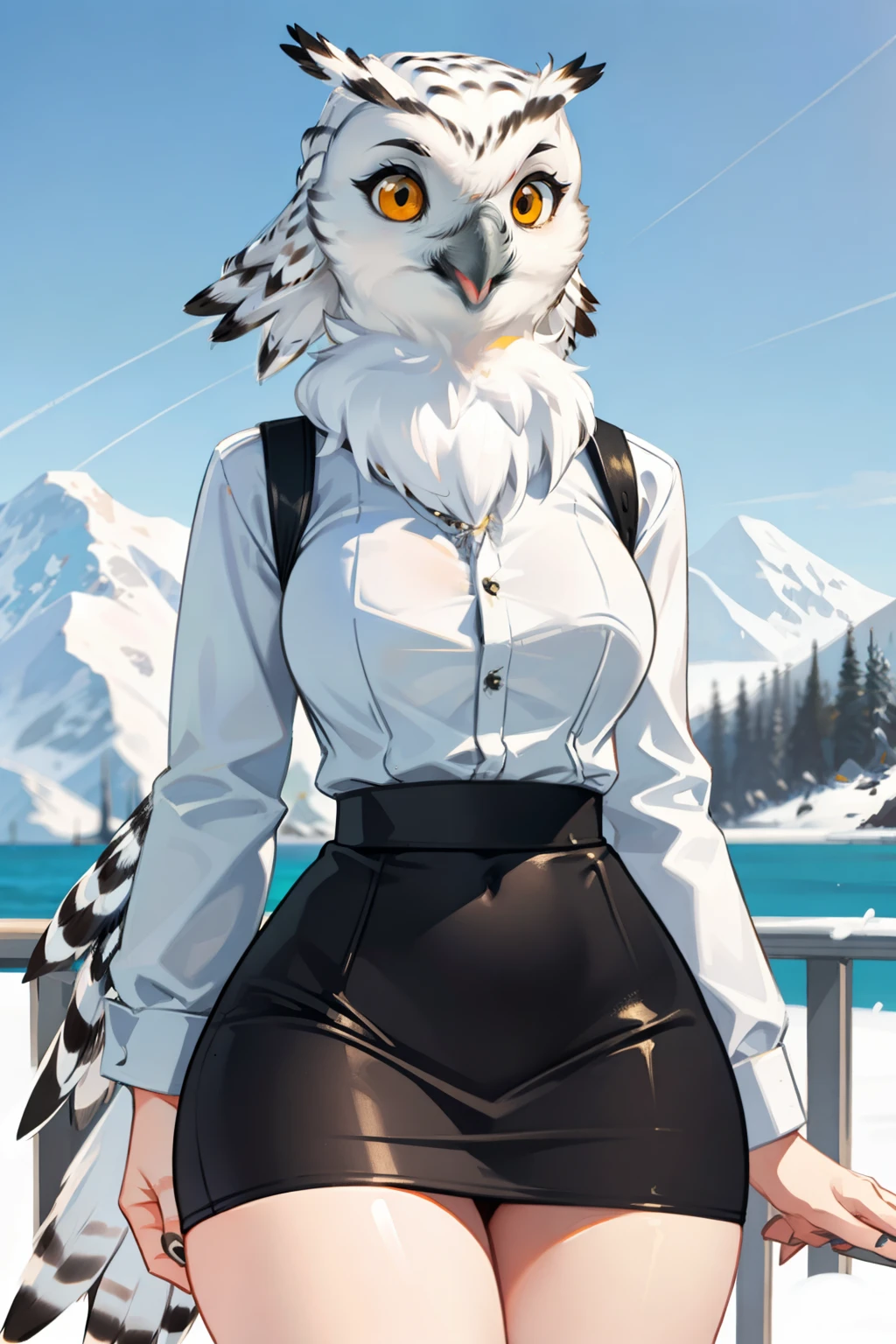 antro (snowy owl), winged arms, female, large breasts, open beak, mini dress, medium close-up, skirt, shirt, stunning landscape, top, bottom, large curved thighs, feather