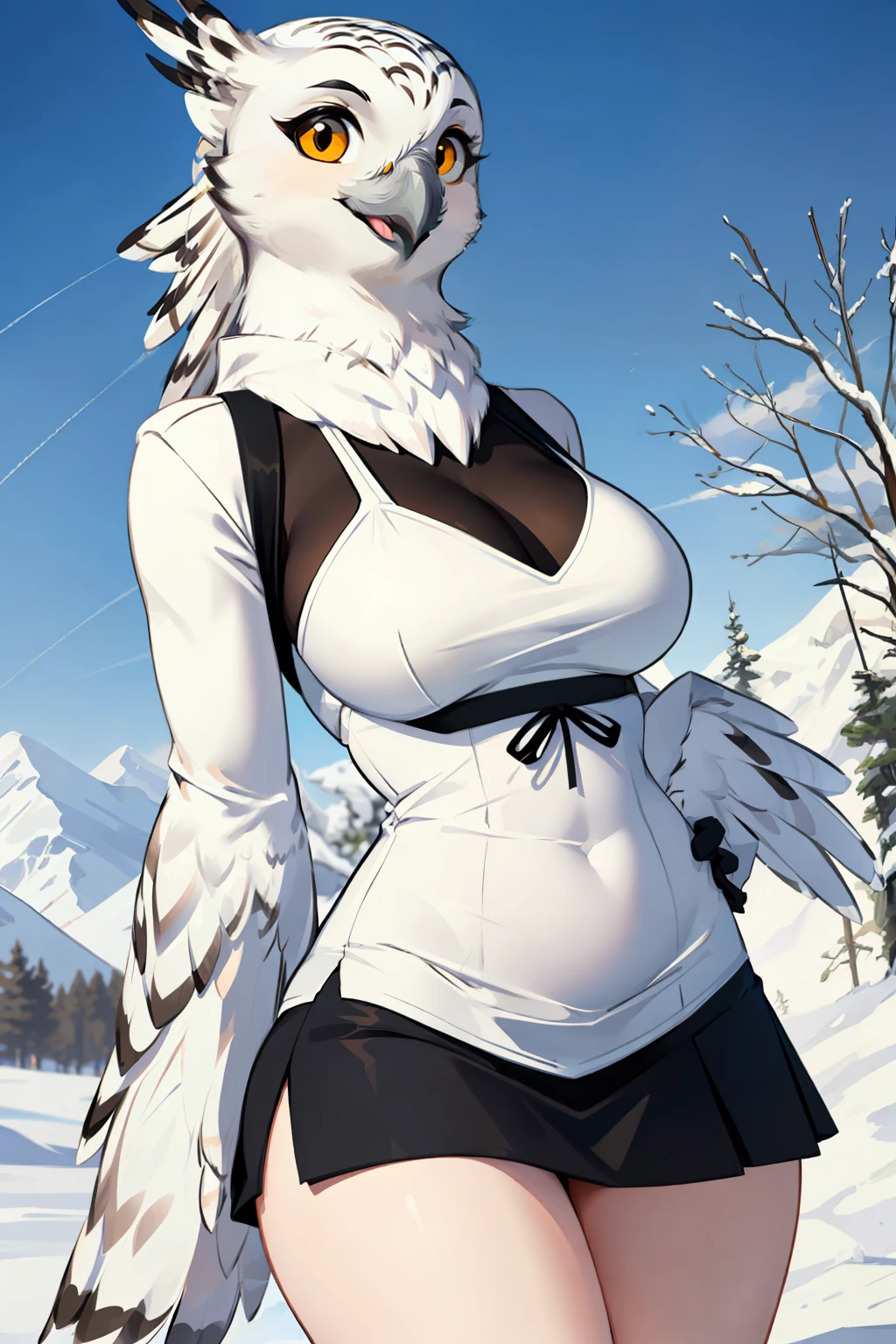 antro (snowy owl), winged arms, female, large breasts, open beak, mini dress, medium close-up, skirt, shirt, stunning landscape, top, bottom, large curved thighs, feather