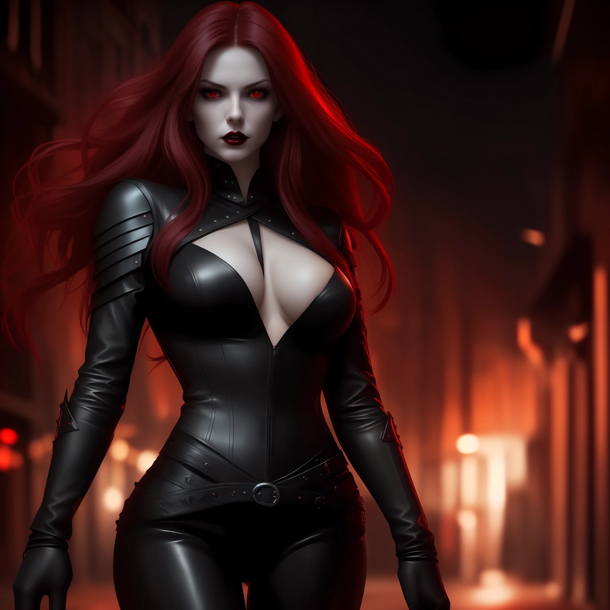 Sexy, beautiful, warrior woman with vampire vibes, long black and red hair, in a dark street with light in the background, very feminine sexy leather clothes, cinematic bokeh background, realistic 16k dark lighting and with lots of detail