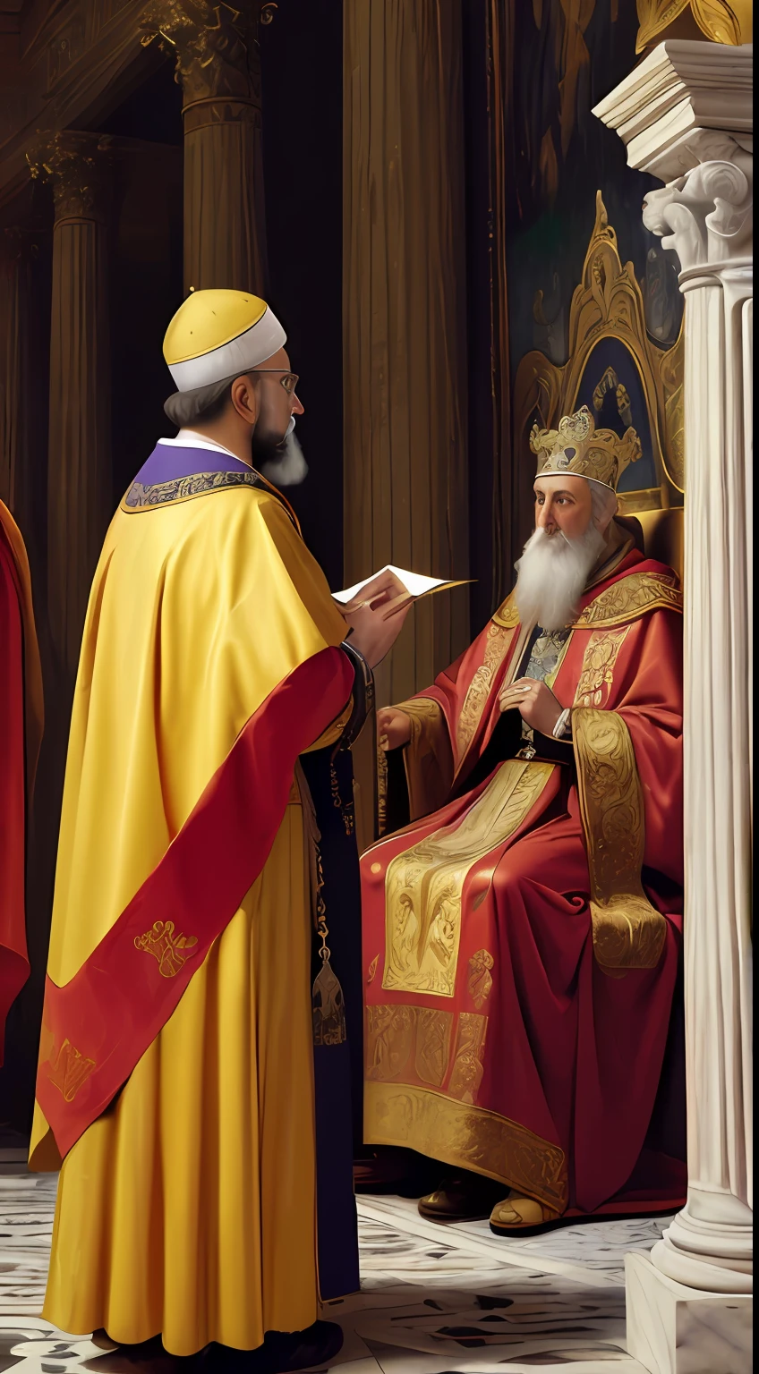 (masterpiece, oil painting, best quality:1.4), Pope Sylvester I, (receiving a detailed scroll:1.2), ornate seals, from Emperor Constantine, imperial purple cloak, golden armor, grand Roman architecture, marble pillars, bustling forum, looking at viewer, sunlight filtering, cool and warm colors, dramatic shadows, dynamic diagonal shot.
