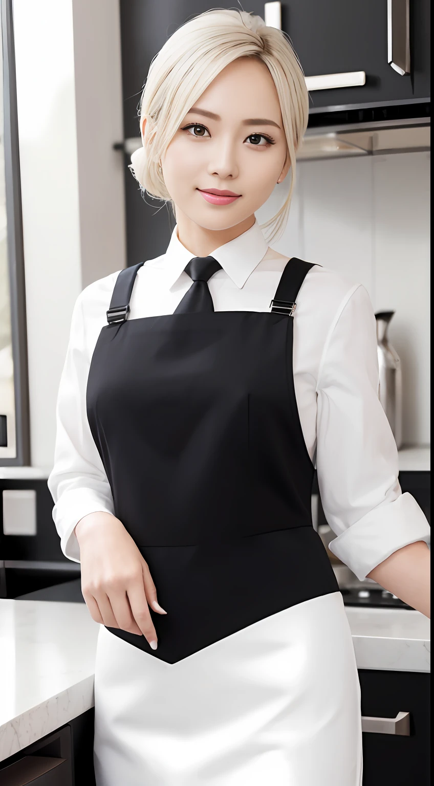 Kizi,hyper-detailing,A high resolution,(realisticlying,realisticlying:1.4),8K,(best qualtiy),physically-based renderingt,photograph of-realistic,professional colorgraded,HighestQuali,Beautiful woman perfect figure:1.4,White color hair,Wearing a suspender black glossy dress,In a kitchen,Very detailed face and skin,Detailed eyes,二重まぶた,ssmile