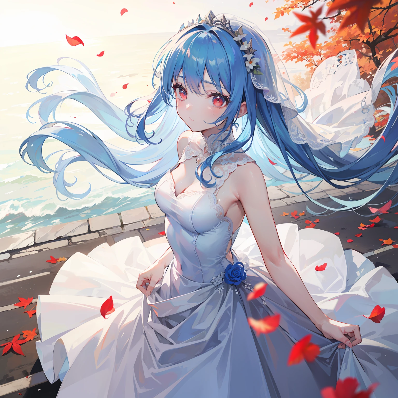 artistic photograph, Real light and shadow on a sunny day,autumnal,On the road,((Wedding Dress)),1 beautiful girl,The upper part of the body,Lateral face,(((Long light blue hair))),Red eyes,(long hair),(Red petal),windy