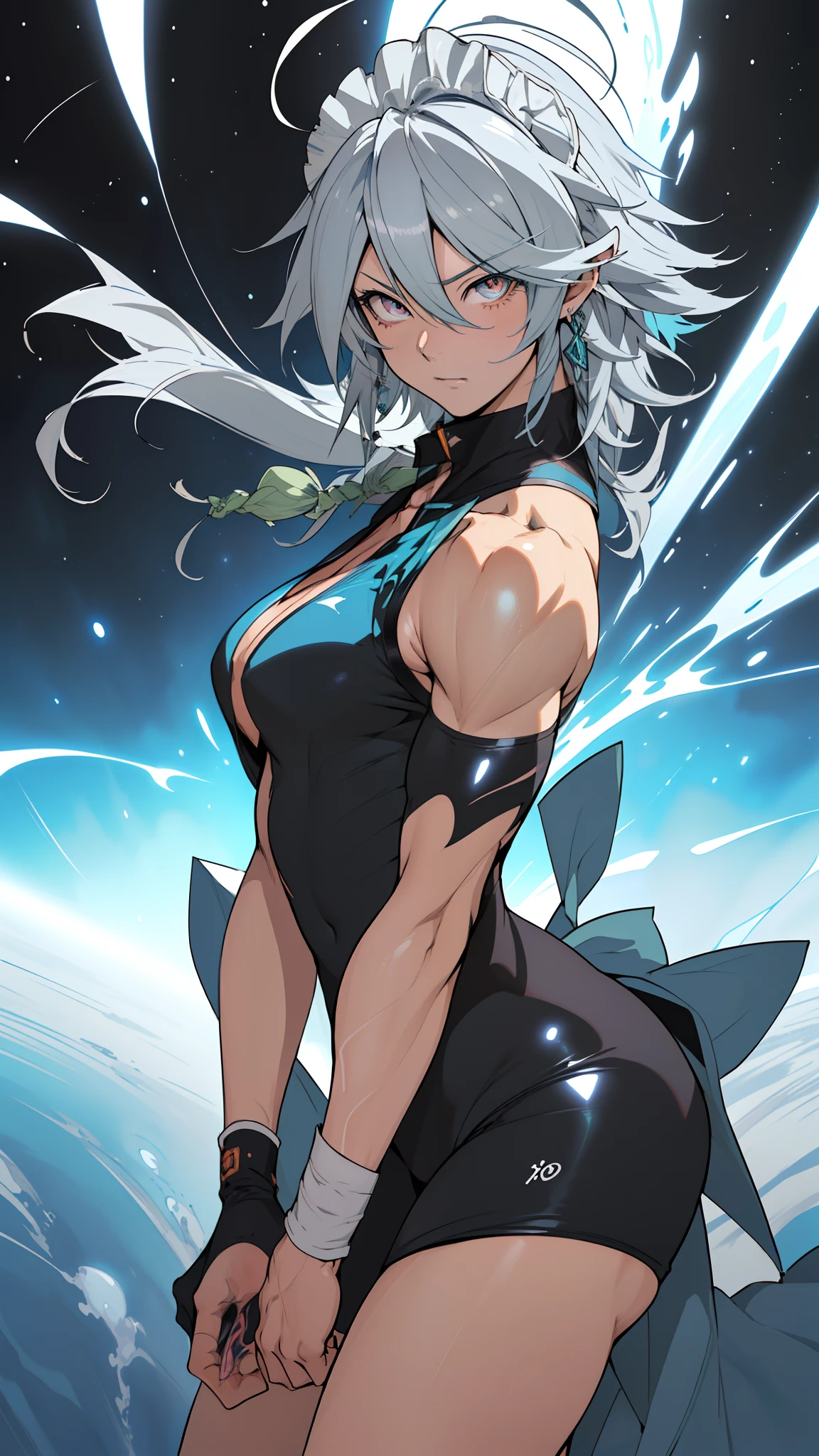 (anime) . Female (woman ((Sakuya Izayoi))), blue eyes, silver hair, in the space  . (Masterpiece: 1.8), (64k quality), (final fantasy artwork concept), detailed (manga eyes + hair + clothes + body + face + colors + shoulders + eyes (globular + transparent + liquid) + (sharper drawings) + (shiny jewelry) + (clothes folds) + (rounded eyes) + (consistent clothes) + (clothing features) + (eyes line), better (colorful + (coarser line) + (black line) + finishing . [Drawing] (Anime (Manga (Comics))) + (Coarse Line: 1.8) + (Black Line: 1.8) + (Color: 1.8) + (Clean: 1.8) + (Contrast: 1.8) + (Black Outline: 1.8) + (adjusted colors: 1.8) + (shadow set: 1.8) + (manga eyes: 1.8) + ((muscle: 1.8)) + ((bodybuilder: 1.8)), ((made homogeneous: 1.3))