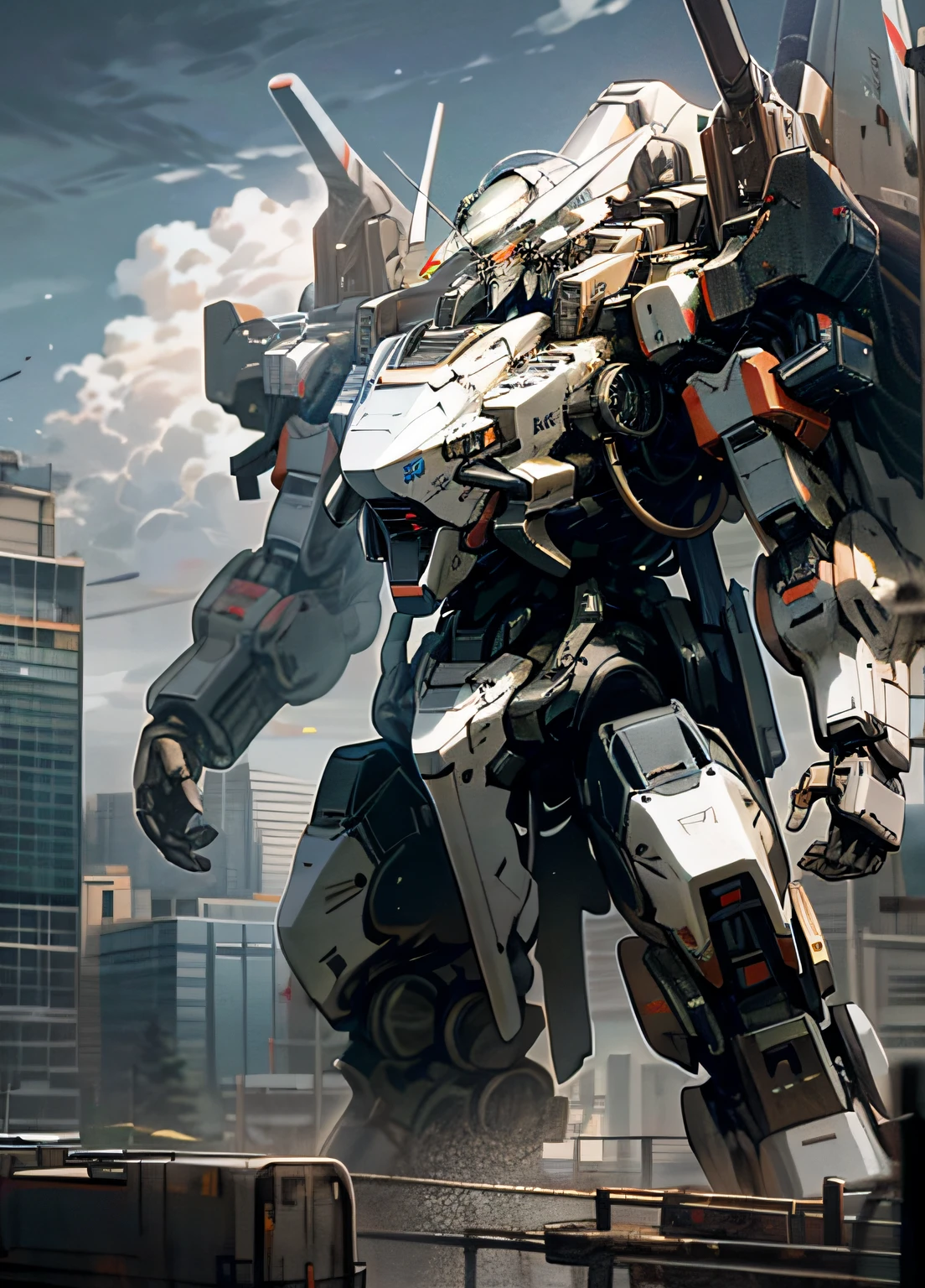 sky, cloud, holding_weapon, no_humans, glowing, , robot, building, glowing_eyes, mecha, science_fiction, city, realistic,mecha