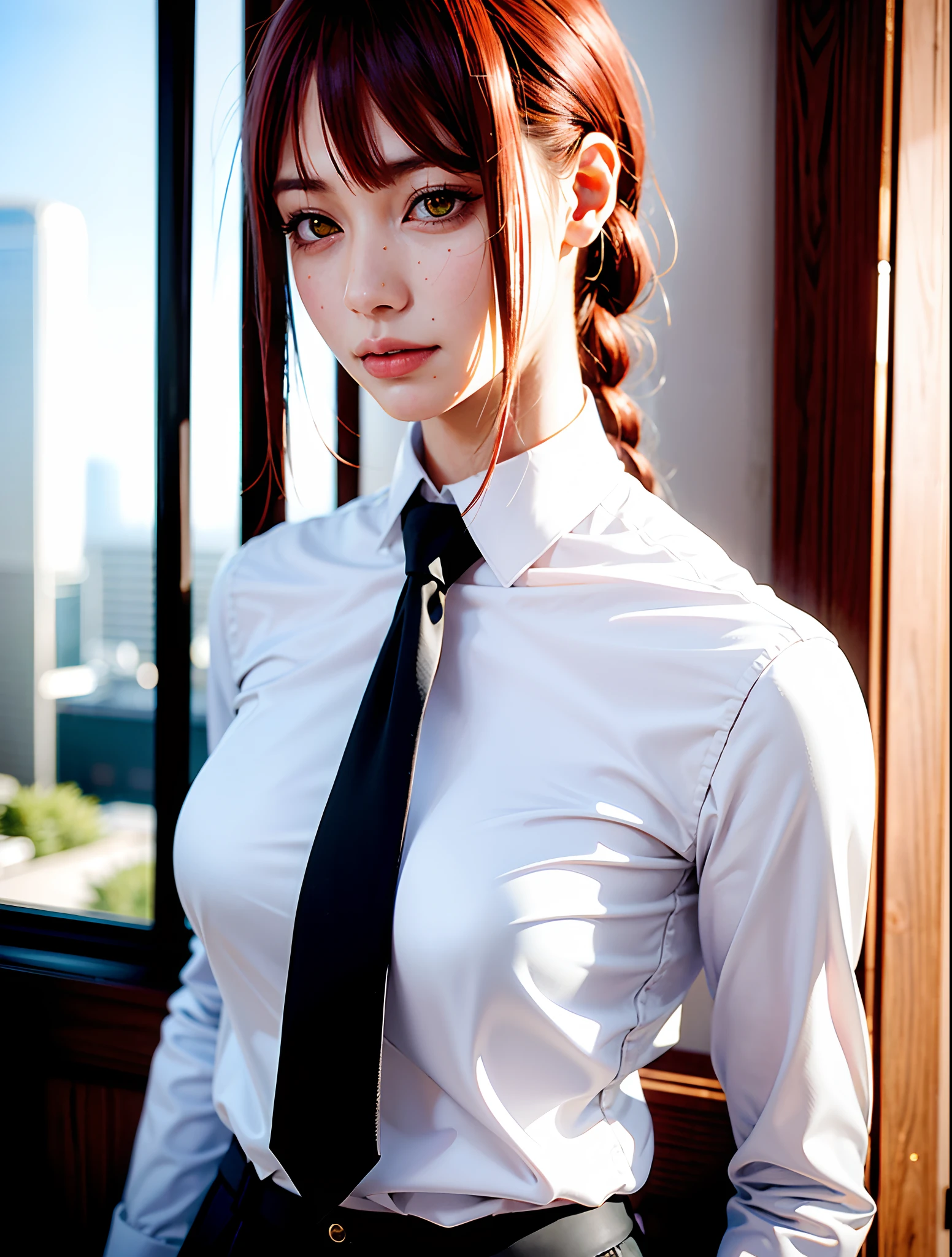 detailed shiny skin, (realistic, photo-realistic:1.4), a pretty girl, standing, looking out of window, white shirt, collared shirt, black necktie, black trousers, long sleeves, slight smile (nose blush), yellow eyes + ringed eyes, short hair + red hair + long braided hair, makima \(chainsaw man\)