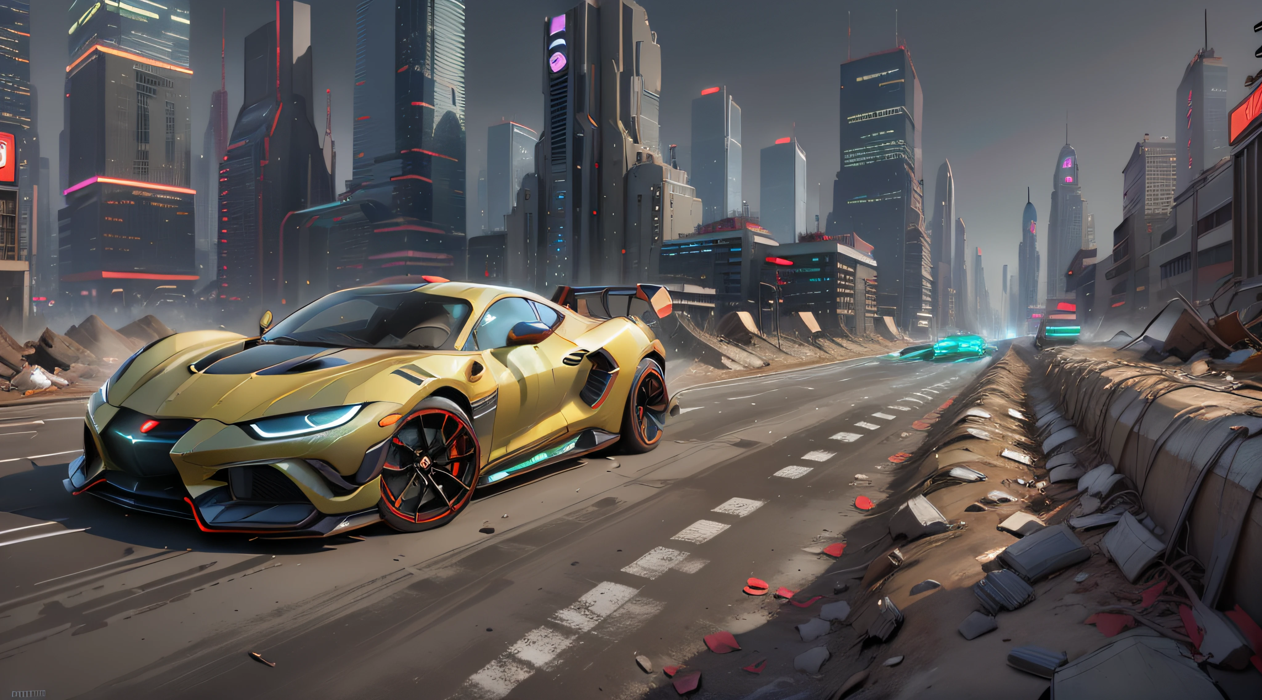 "A sleek and futuristic sports car speeding through the neon-lit streets of a bustling metropolis."
