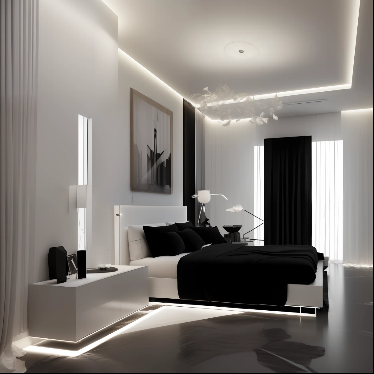 Modern bedroom design, 1 wardrobe, 1 bed, level recoil plasterboard ceiling with black lights, 1 white curtain, glass wall, luxury, surreal, 8k resolution, reder vray, good quality, super product, most masterpiece, cinematic lighting :1.2