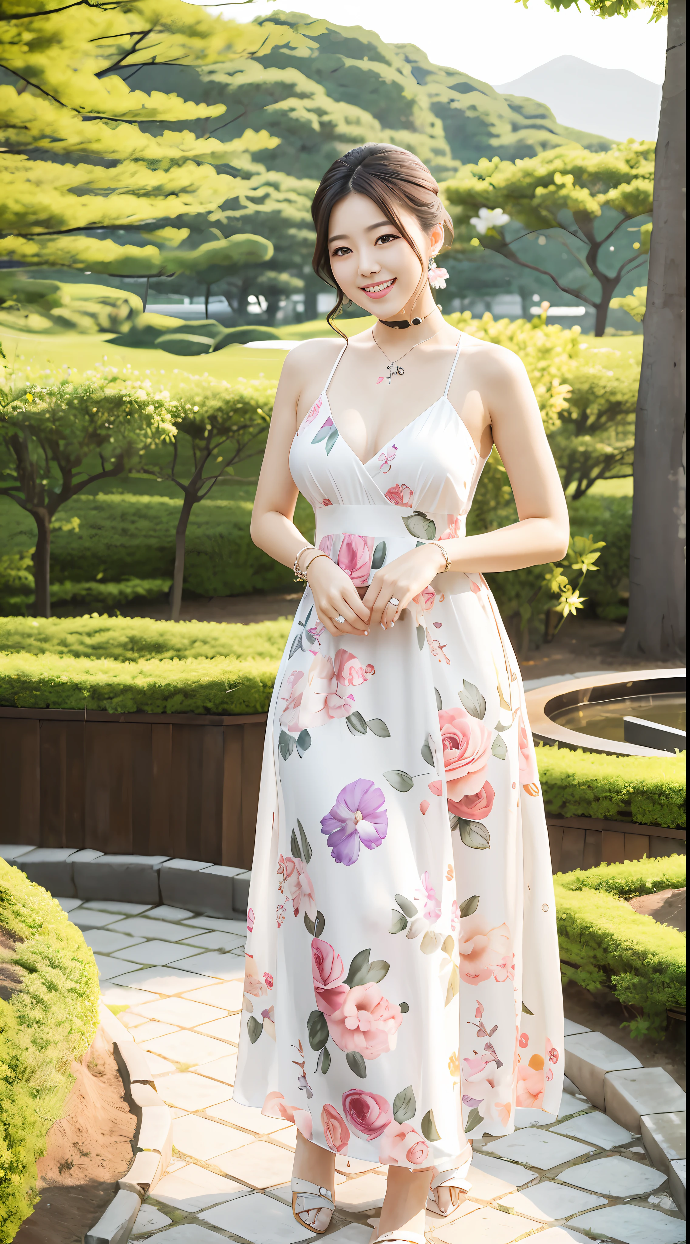 A mature and beautiful young woman unparalleled in Korea,Smiling,Expose the neck,Collarless large flower floral dress,In the daytime,on the garden,People in the distance,Large depth of field,standing on your feet,Straighten your right hand forward,Open the palm of your right hand,Open your right hand,Bracelet,choker necklace,耳Nipple Ring