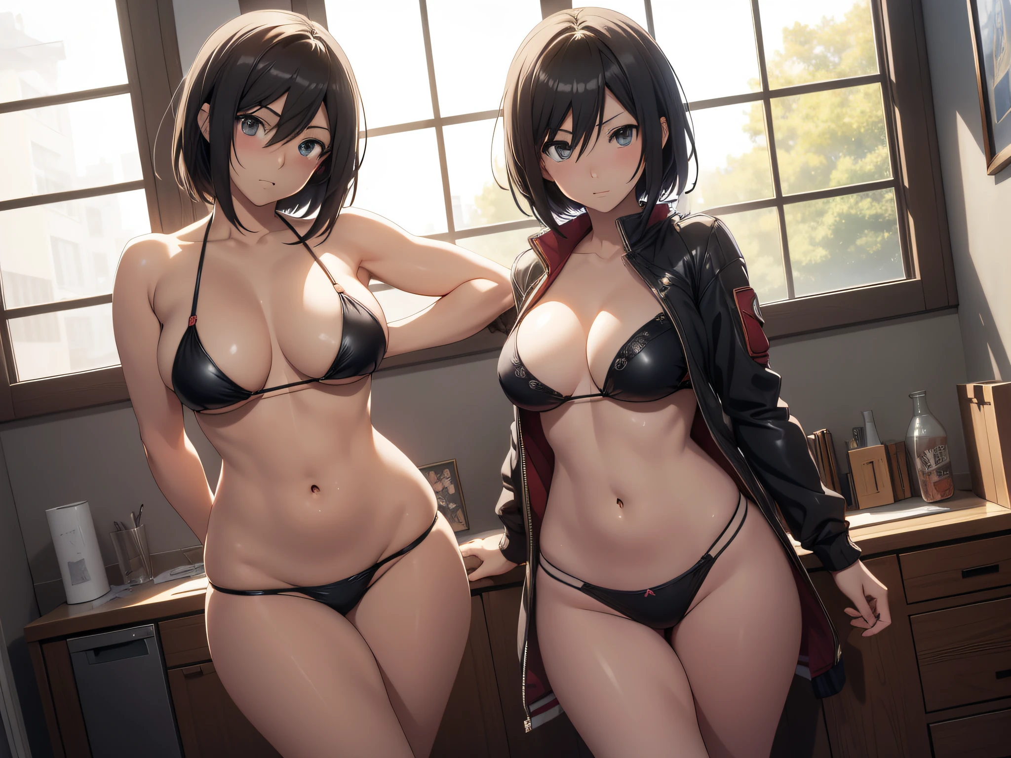 anime girl, mikasa, in a bikini posing in a room with a window, seductive anime girl, extremely detailed artgerm, range murata and artgerm, makoto shinka, [ 4 k digital art ]!!, makoto shinkai and artgerm, (sfw) safe for work, makoto, thicc, from attack on titan