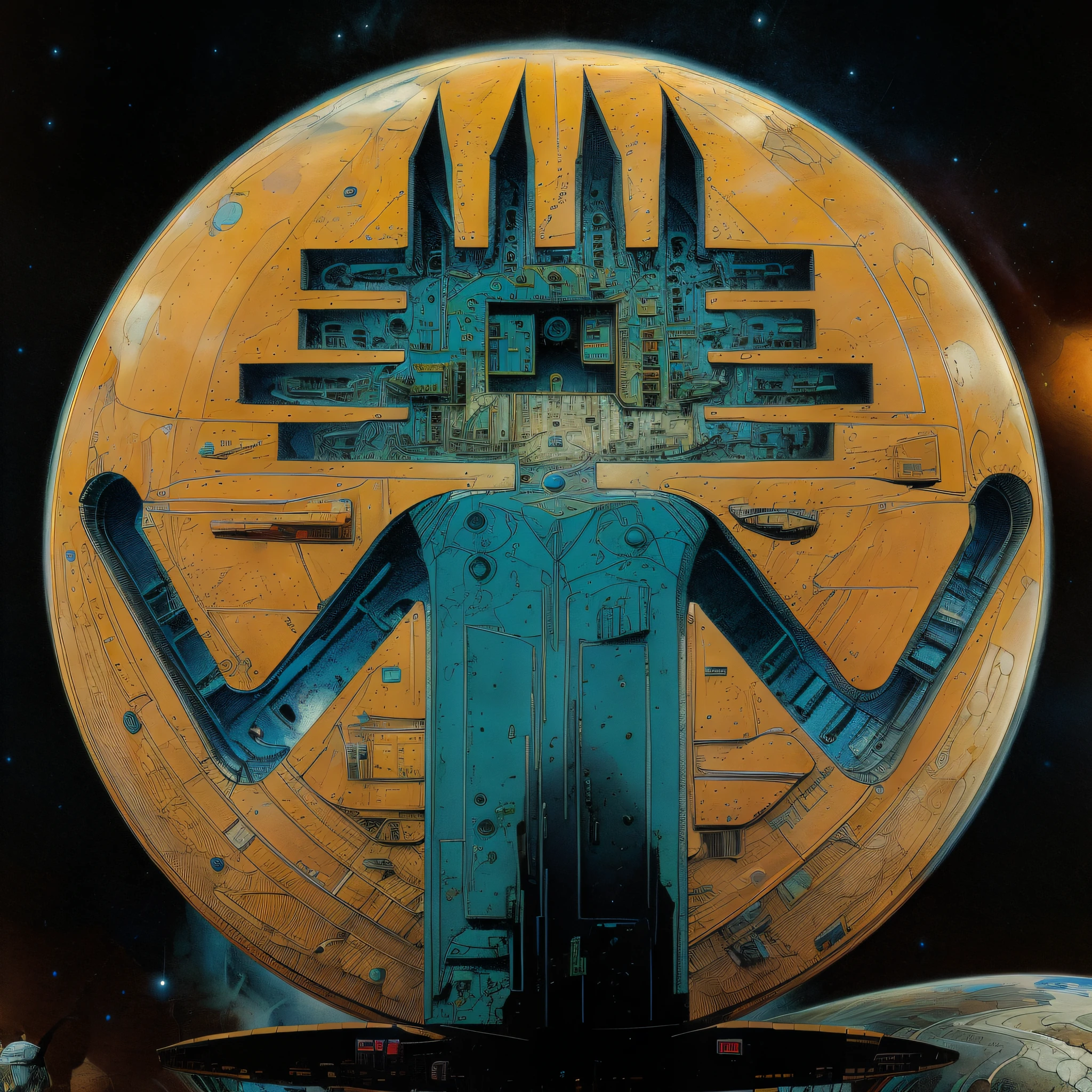 Deck of a large spaceship, Mutterschiff, Motorraum, Kernreaktor mit Details in Neonblau, Enki Bilal Kunst, Moebios Kunst, 4K