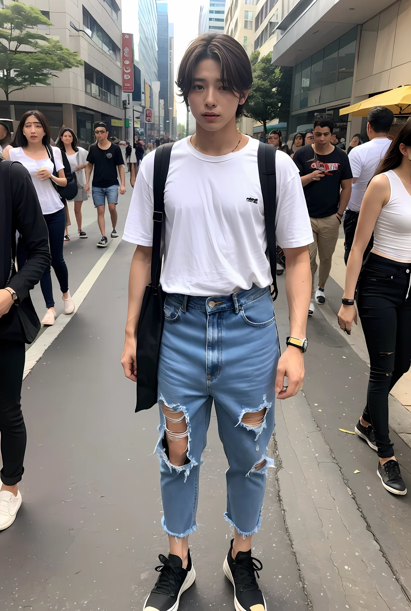 Um garoto coreano na rua, rua vestindo casaco and wearing ripped jeans, Torn pants, (Jeans rasgada) (Torn pants), posing for photo shoot , corpo inteiro, fundo liso, jungkook, jungkook taeyang Jimim 1 boy, 1 homem, homem masculino coreano, homem masculino sozinho coreano sozinho, solo, sozinho, (alone) (sozinho) alone, sozinho sozinho sozinho sozinho SOZINHO SOZINHO SOZINHO SOZINHO