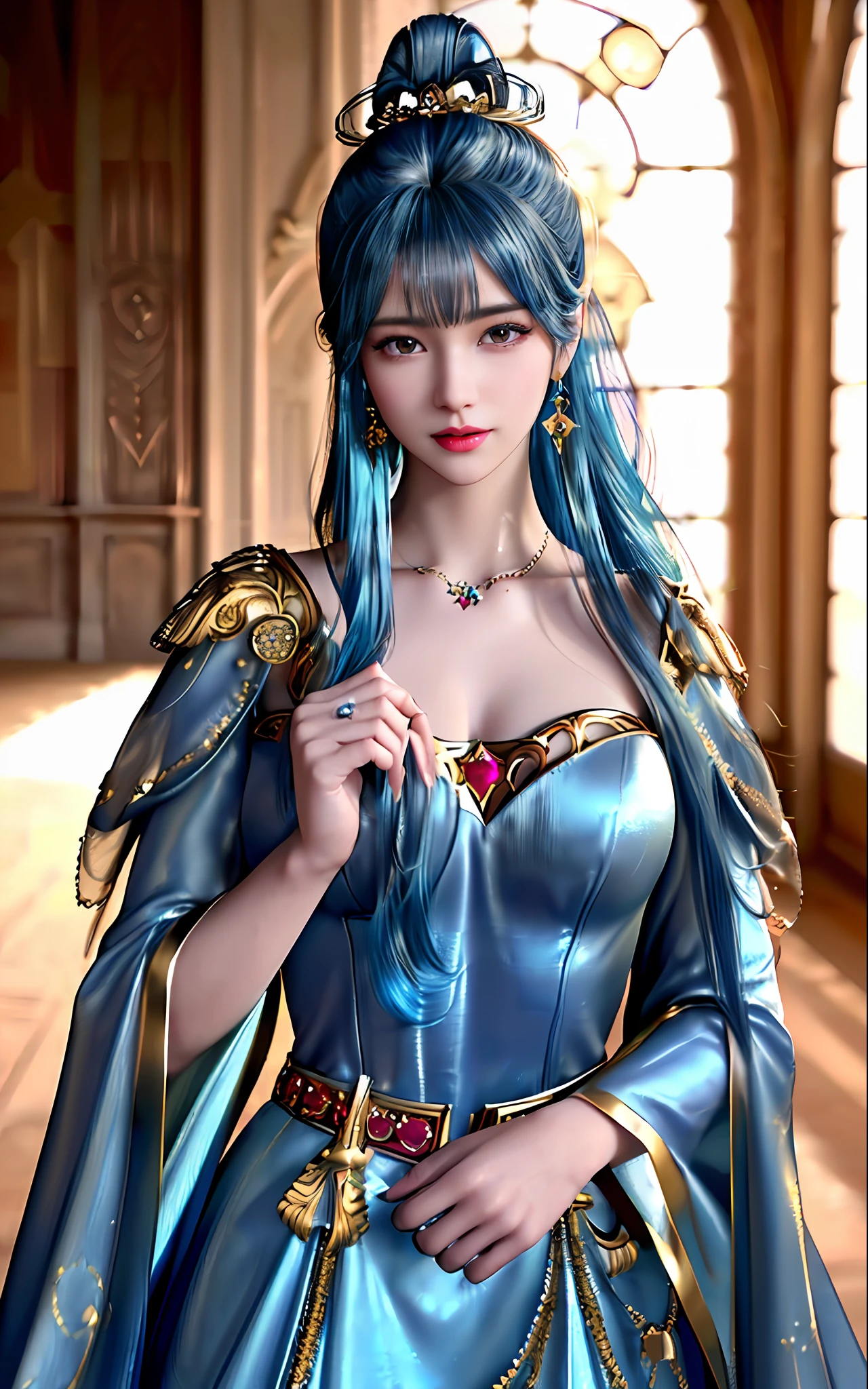 ((realisticity: 1.2)), ((best resolution: 8K UHD)), best quality,masterpiece,highres,cg,
((1 super detailed and super realistic girl)), ((very beautiful queen dazzling, super realistic, and super detailed)),((white skin, beautiful, smooth, youthful, super realistic and super detailed
)), long hair, ((super realistic and super detailed dress)), solo, ((super realistic, super beautiful, gorgeous and super detailed jewelry)), ((super beautiful, super realistic and super detailed dark red and golden yellow dress)),
((super beautiful, super realistic, super detailed diamond filled earrings)),
  ((super beautiful, super realistic and super detailed diamond filled hair ornament)), ((super beautiful upper body, super beautiful, super realistic and super detailed)), ((big breasts: 2.5)), 
((super grand, super realistic and super detailed royal palace backgroun))
((super beautiful, super beautiful, super realistic and super detailed hair bun)), ((super beautiful, super realistic and super detailed blue hair)),
candid, Photograph, high resolution, 8k,Bokeh,