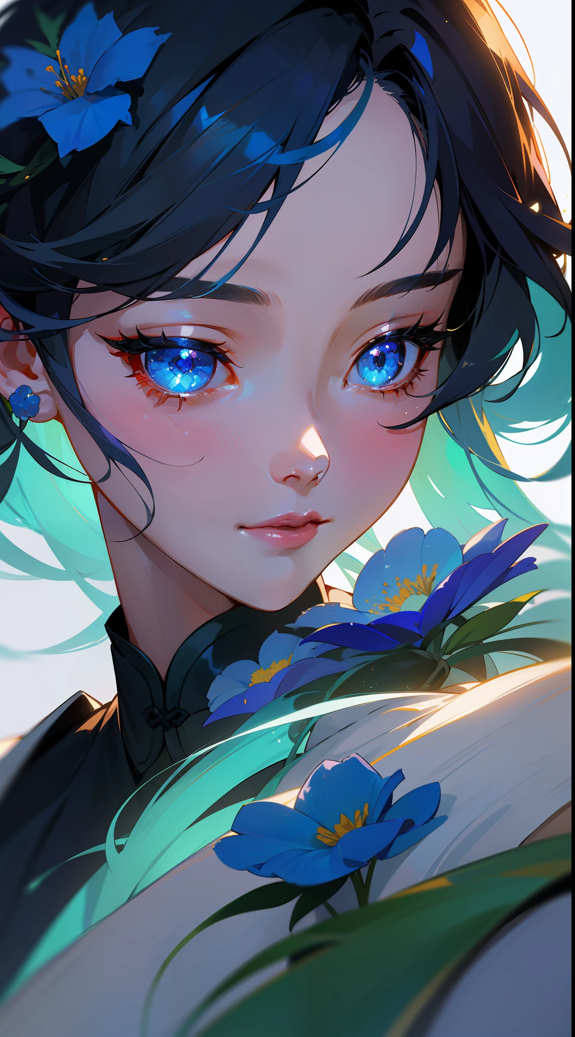 A woman with blue flowers on her face,Beautiful maiden portrait，stunning portrait，Real face，close-up all over the body，Fluorescence，glittery， inspired by Chen Yifei，Soft portrait shot 8 K, inspired by Zhang Yan, Inspired by Tang Yifen, Liu Yifei， xianxia fantasy