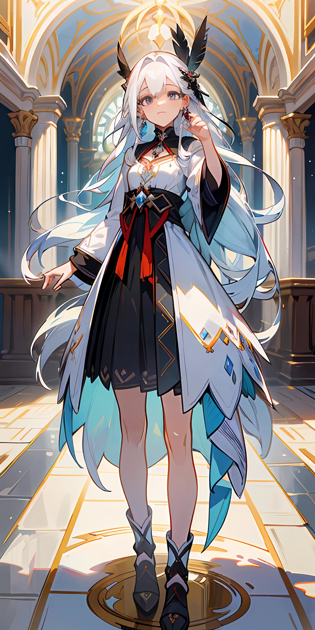 A magical girl,long white hair,perfect eyes,s the perfect face,Twisted braid on the side of the ear,Feather earrings,full bodyesbian,magestic,pergaminhos,The clothes are black and red,magical weapons,Fantasy creatures,dynamicposes,Unique character design,exquisite costumes,Bottle,Standing painting,Floor,k hd,tmasterpiece,super detailing, (best qualtiy, A high resolution),Ultra-high pixel,ultraclear,32K,CGMokadon Pop ----Niji 5