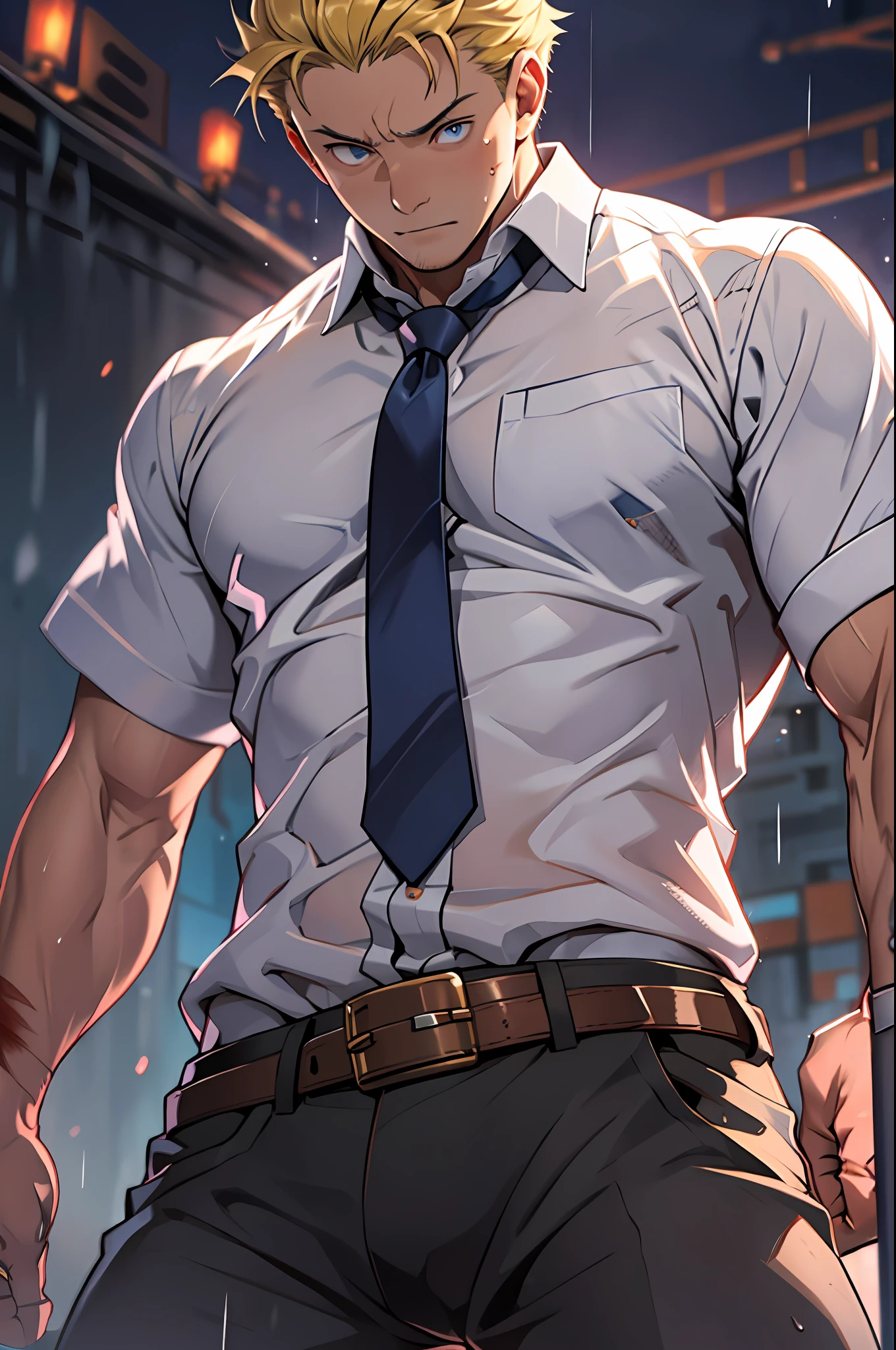 (1 Adult male),A high resolution, Sharp focus, Pixiv masterpiece, ((Complicated details)), highly detailed, natsuki_subaru, 1 man,Kneel,Close-up of crotch,Crotch view, Pleading,Battle damage,Defeat,wounded,decadent,full bodyesbian, blue color eyes(eyes glowing), Short yellow hair,white shirt,Wear a tie,Wear a belt,perspire,rain,Drenched,Sweaty crotch,look from down