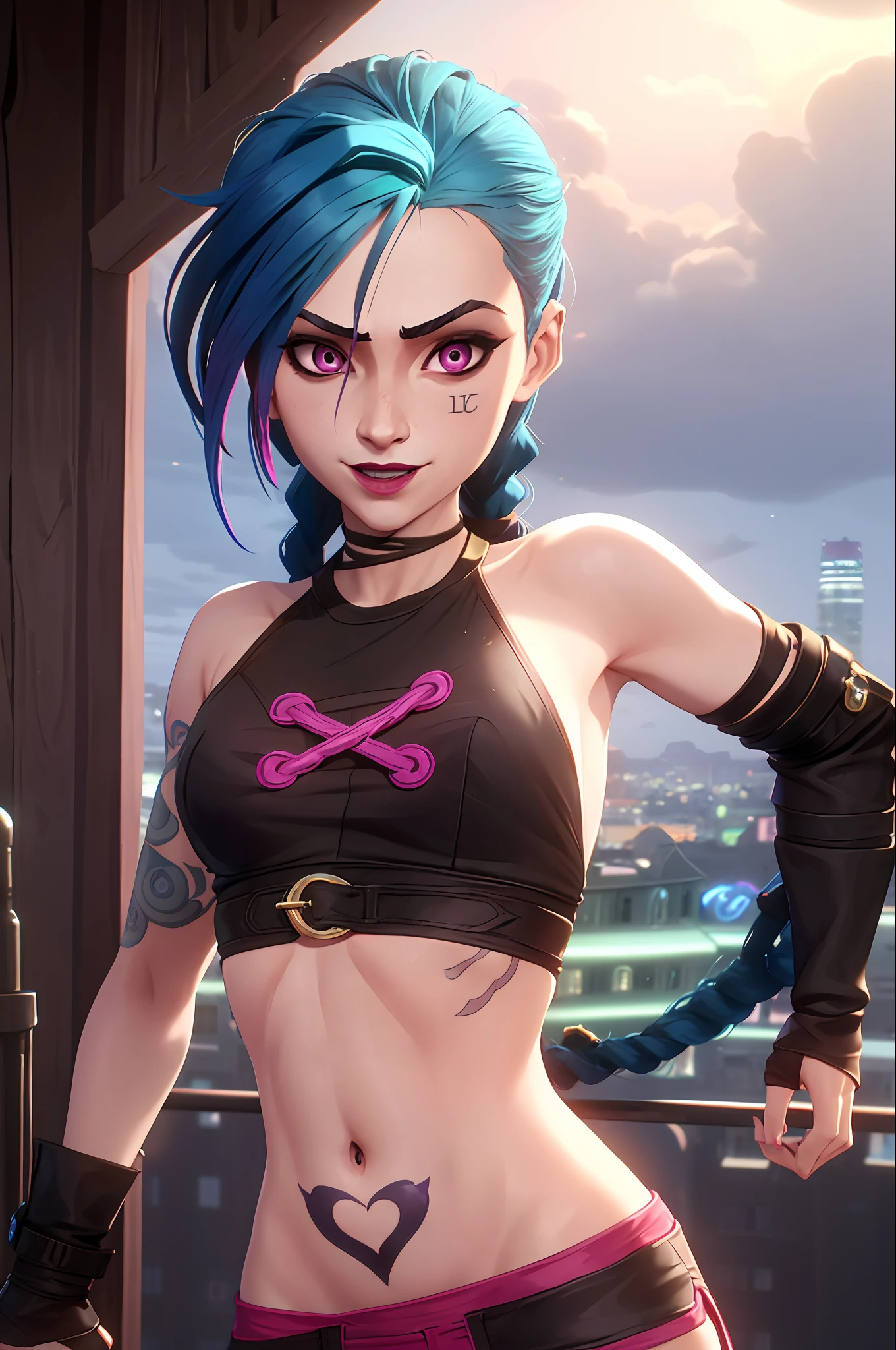 arcane style, 1girl, full body, colored sneakers, NSFW, arm tattoo, asymmetrical bangs, bangs, blue hair, braid, without brown shirt, cloud tattoo, looking at viewer, seductive pose, small tits, smiling, night, city, green hair, long hair, midriff, pink eyes, red lips, without shirt, solo, standing, tattoo, twin braids, upper body, arcane jinx, jinx \(league of legends\), tight clothes, seductive