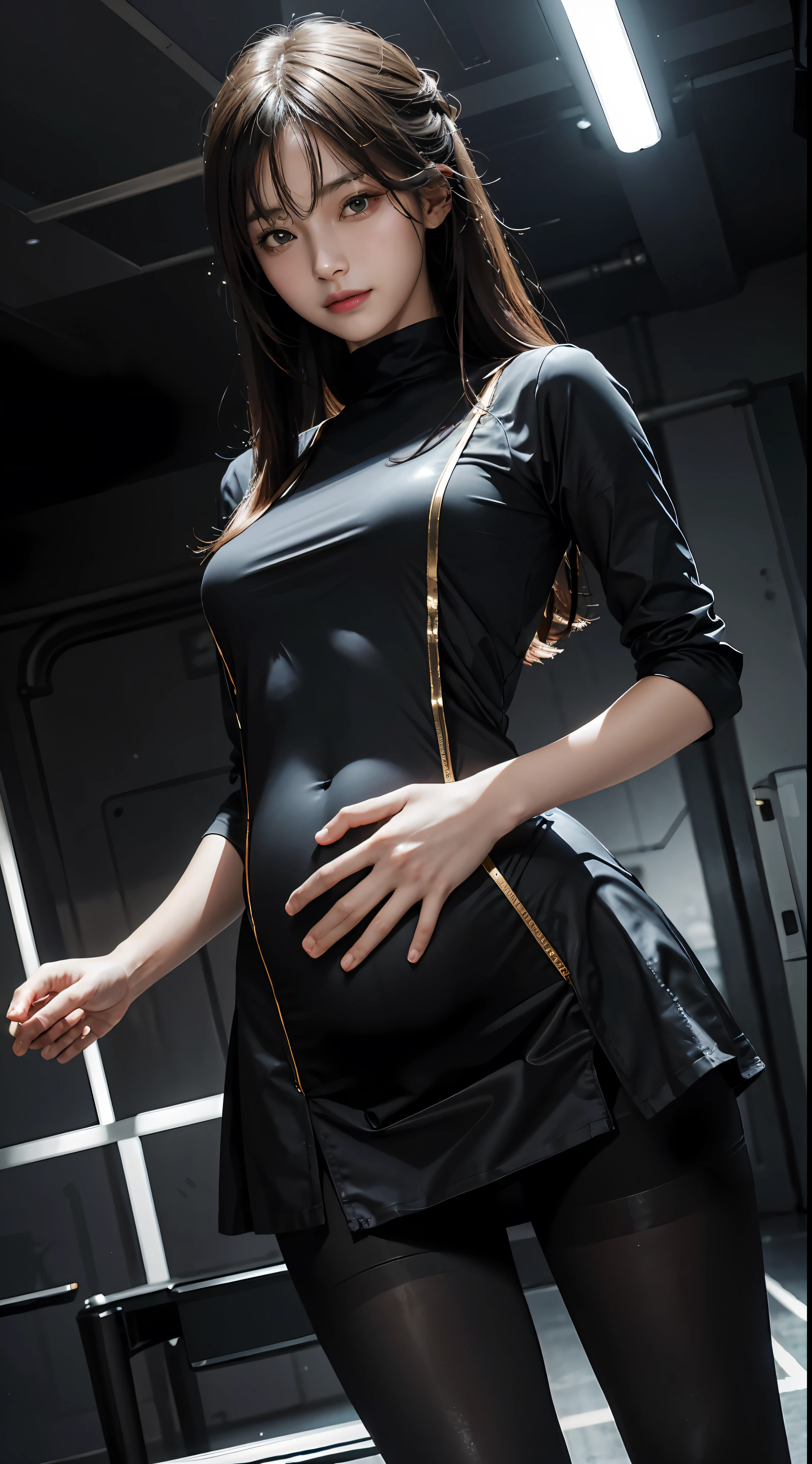 tmasterpiece, 1 beutiful girl, Detailed eyes, Swollen eyes, Best quality at best, 超A high resolution, (Realistis: 1.4), RAW photogr, cinmatic lighting, ssmile, jpn, a asian beauty, Korea, Ren, Super beautiful, Small young face, Beautiful skins, busty figure, cyber punk perssonage(hyper realisitc), (illustratio), (A high resolution), (8K), (The is very detailed), (Most Best Illustration), (ultra-detailliert), (the wallpaper), (详细的脸), audience looking, finely detailled, deep shading, low tune, pureerosfaceace_V1,happy grin, long whitr hair, 46-point diagonal bangs,(Pregnant abdomen:0.95),full body pov,the golden ratio,lacepantyhose,tightsuit,short skirt,