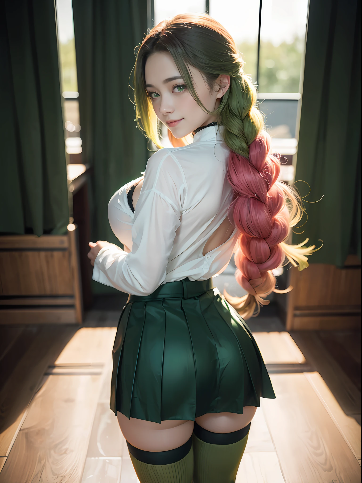 (masterpiece, best quality:1.4), (full body), (standing:1.5), (from back), 1girl, solo, (european youth:1), (sexual), 1girl, (upper body), (standing), Mitsuri, (gradient hair color:1.2), (long hair:1.5), seductive expression, (green eyes:1.4), (erotic), cleavage, (demon_slayer_uniform:1), smile, long_sleeves, looking_at_viewer, japanese_clothes, (haori), cleavage, jacket, open_clothes, skirt, belt, (black skirt:1.5), pleated_skirt, thighhighs, (green_thighhighs:1.5), zettai_ryouiki, sexy smile, beautifull fieldat night, moon at the sky, moonlight, beautiful face, highly detailed face, highly detailed skin, skin pores, subsurface scattering, realistic pupils, full face blush, full lips, detailed background, depth of field, volumetric lighting, sharp focus, absurdres, realistic proportions, good anatomy, (realistic, hyperrealistic:1.4), 16k hdr,
