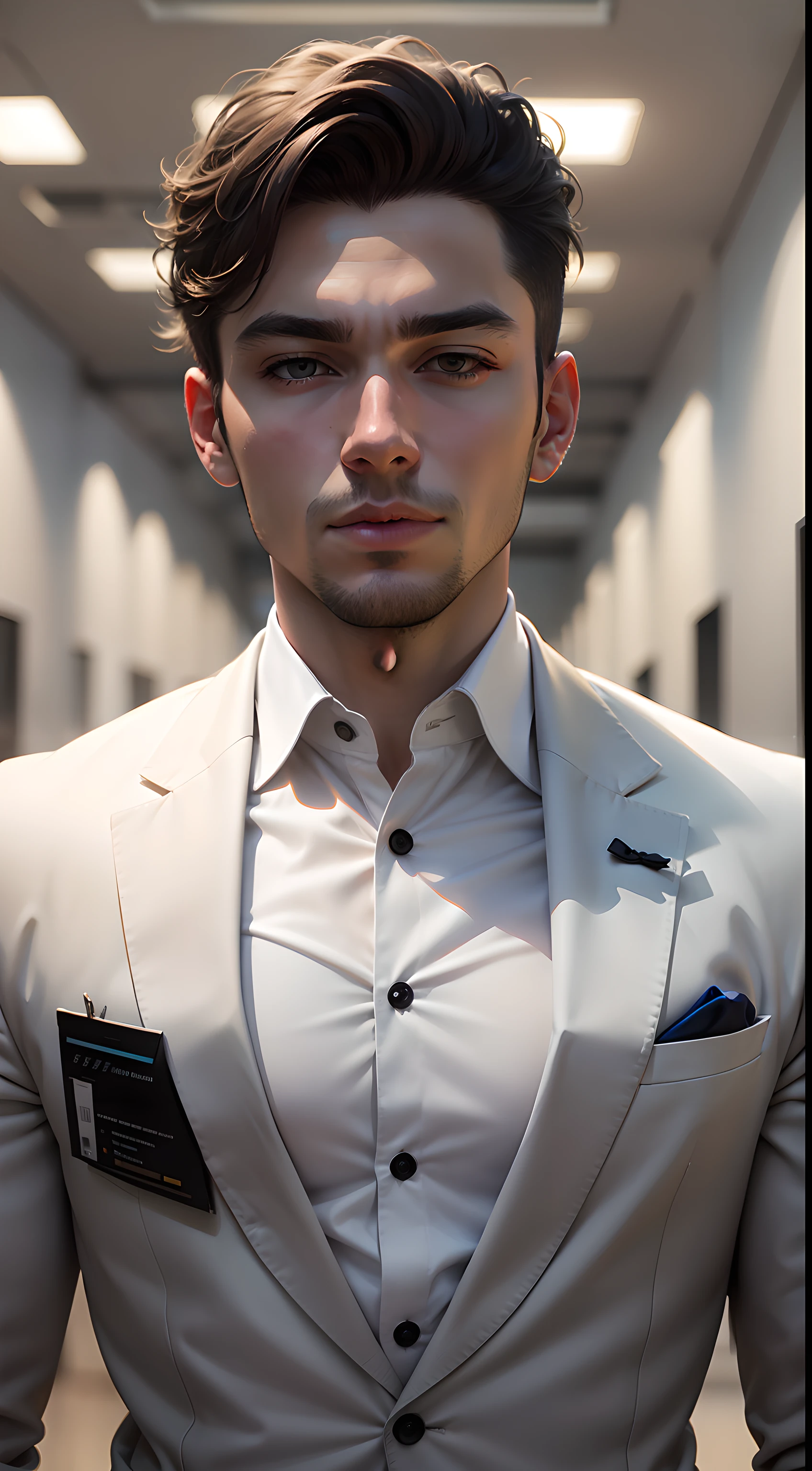 a young Business Man wearing modern white suit ,  change background to office ,  8k quality,  ultra realistic