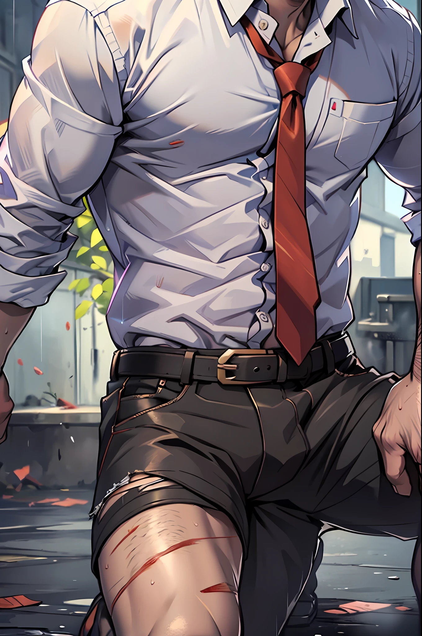 (1 Adult male),A high resolution, Sharp focus, Pixiv masterpiece, ((Complicated details)), highly detailed, natsuki_subaru, 1 man,Kneel,Close-up of crotch,Crotch view, Pleading,Battle damage,Defeat,wounded,decadent,full bodyesbian, blue color eyes(eyes glowing), Short yellow hair,white shirt,Wear a tie,Wear a belt,perspire,rain,Drenched,Sweaty crotch,look from down