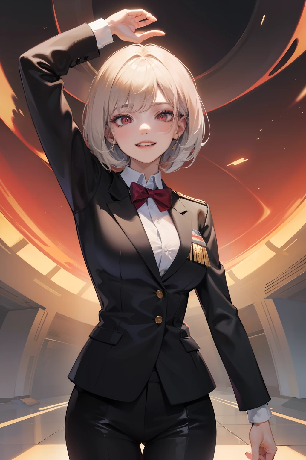 "Beautiful girl with short white hair and red eyes in an executive suit, corpo uniform. The suit is red and black, and she has a mischievous grin. The setting is in an executive office, with a futuristic corpo aesthetic, inspired by Arasaka. The image should have ray tracing effects and be of the best quality, with ultra-high definition details. It should be a masterpiece."