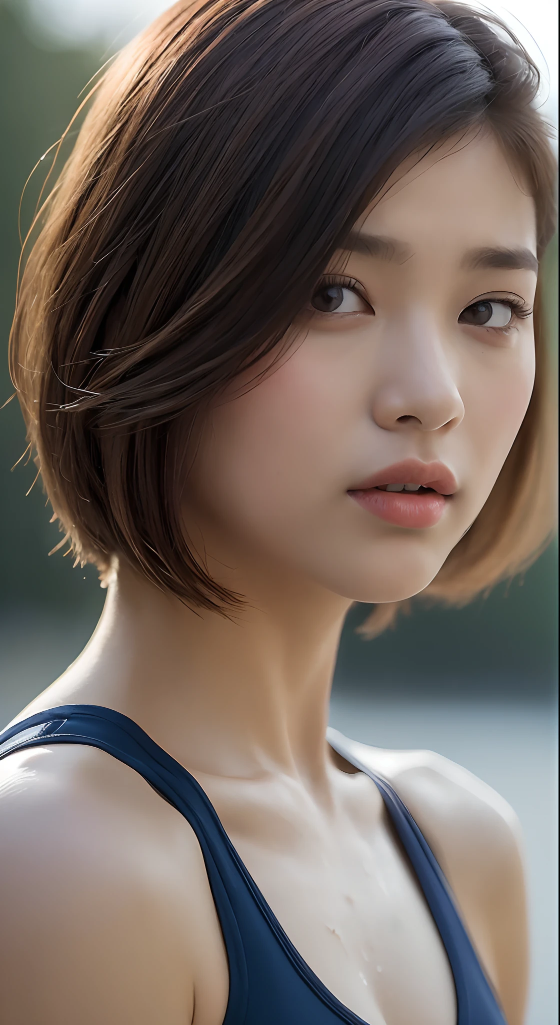 ((Top Quality, 8K, Masterpiece: 1.3)), Sharp: 1.2, Perfect Body Beauty: 1.4, Slim Abs: 1.2, ((Layered Hairstyle, Big: 1.2)), (Rain, Street: 1.2)), Wet: 1.5, Highly Detailed Face and Skin Texture, Detailed Eyes, Double Eyelids, Aspect Looking at the Camera, Brown Hair, Wrestling, Portrait photo of hot woman wearing college wrestling singlet