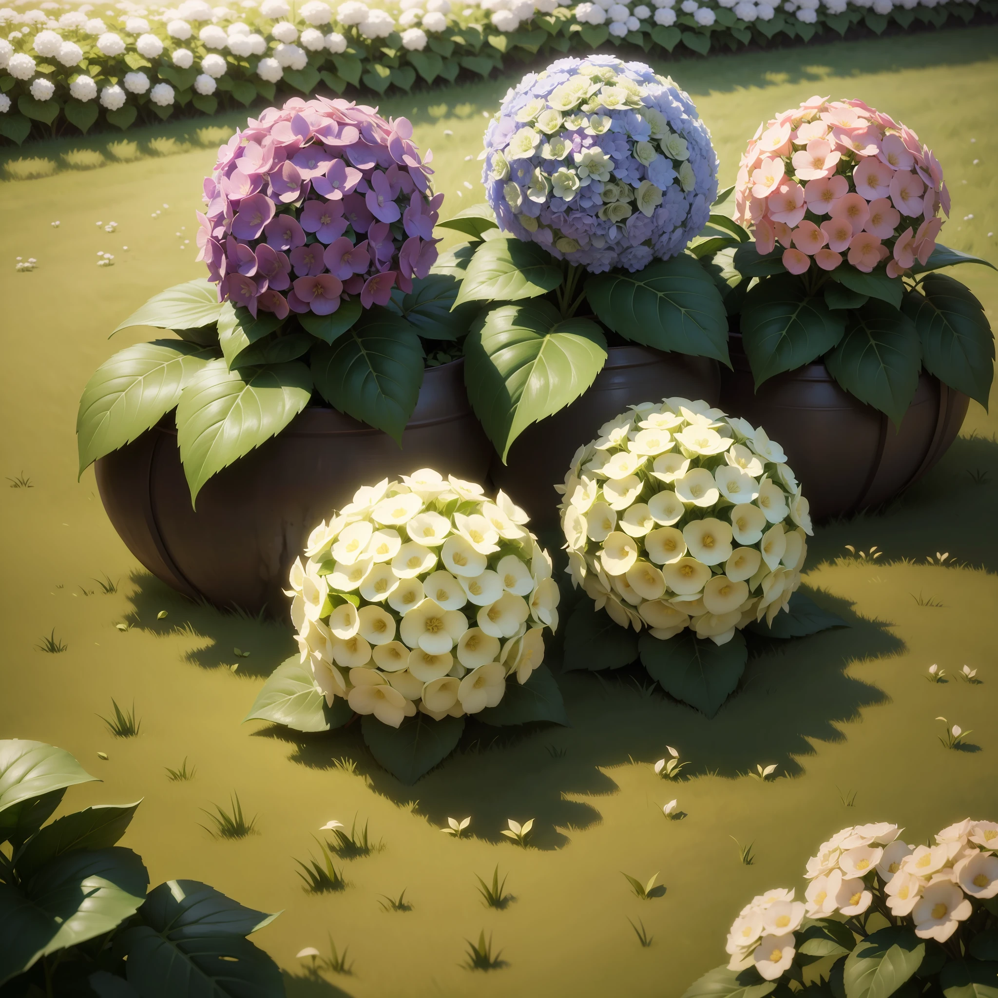 Hyper-realistic hydrangeas on grass, 8k, HD, super realista e grande