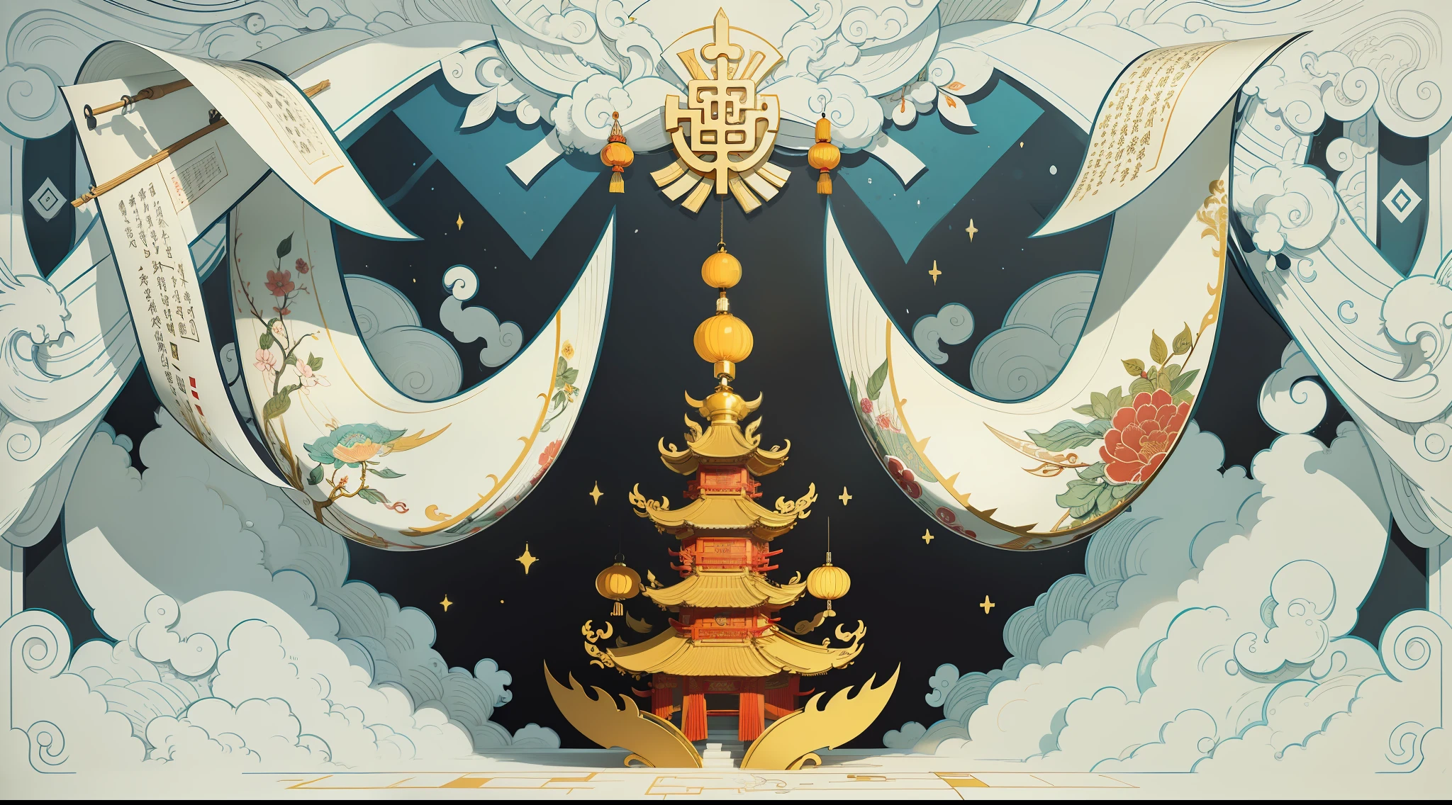 Chinese traditional culture, paper-cutting style, the background is an open scroll, above the scroll suspended many traditional Chinese skills of paper-cutting, the close-up is clear, the paper-cutting elements are rich, and the background perspective presents a sense of perspective, rich in layering.