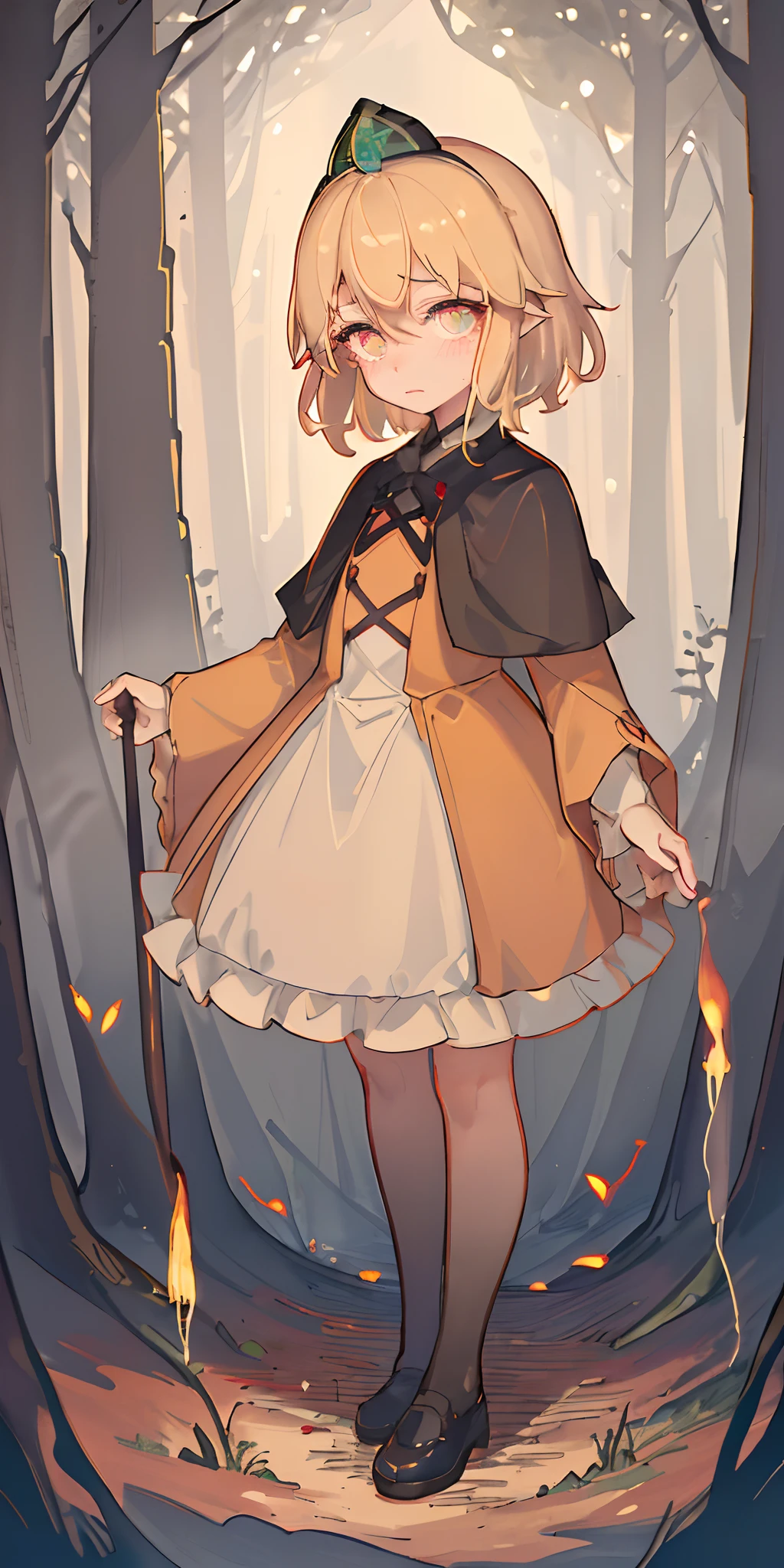 Very high quality, detailed, dark, forest, night dark, glow, 1girl, glowing,blonde, crown, loli, short hair, full body, middle of forest, detailed eyes, tear, blushed, dark forest, shadow, detailed face, very detailed eyes, glowing eyes, shadow in face