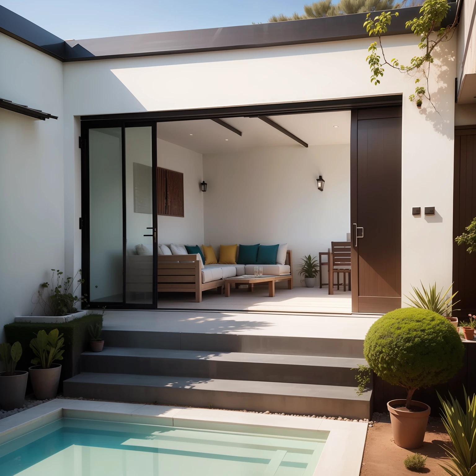 Obra-prima, alta qualidade, melhor qualidade, super detalhe, minimalismo, exterior, Luxury leisure area, casa moderna, plantas, cobertura, detalhes, outdoor area with glass doors./(moderno/)