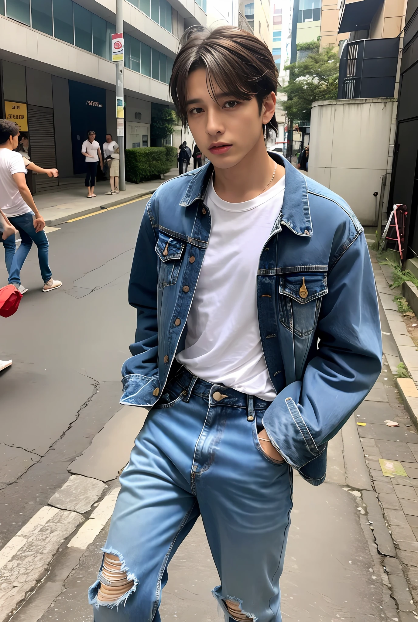 Um garoto coreano na rua, rua wearing ripped jeans, Torn pants, (Jeans rasgada) (Torn pants), posing for photo shoot , corpo inteiro, fundo liso, jungkook, jungkook taeyang Jimim 1 boy, 1 homem, homem masculino coreano, homem masculino sozinho coreano sozinho, solo, sozinho, (alone) (sozinho) alone, sozinho sozinho sozinho sozinho SOZINHO SOZINHO SOZINHO SOZINHO