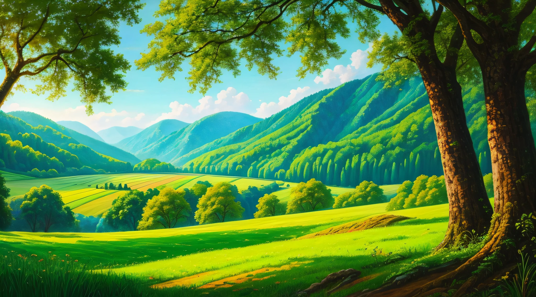 There is an oil painting,Lush trees,Green meadow,Composition a vibrant natural scene。