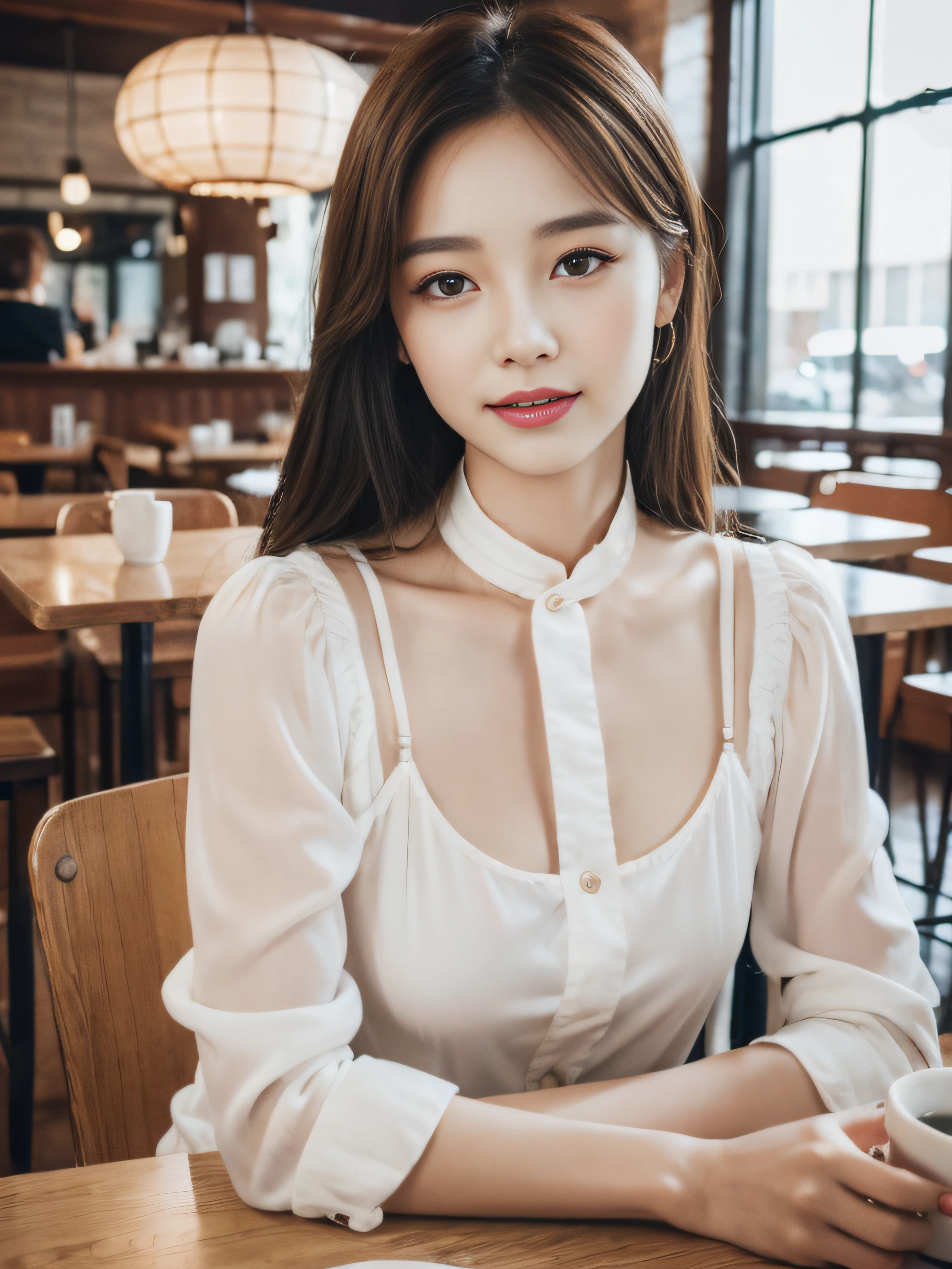 A 30-year-old stylish white-collar woman was sitting in a café , delicate makeup , beautiful detailed girl, very detailed eyes and face, beautiful detailed eyes, ridiculous, Chinese female , Canon 35mm Shot , Photorealistic , a photo of ,4k