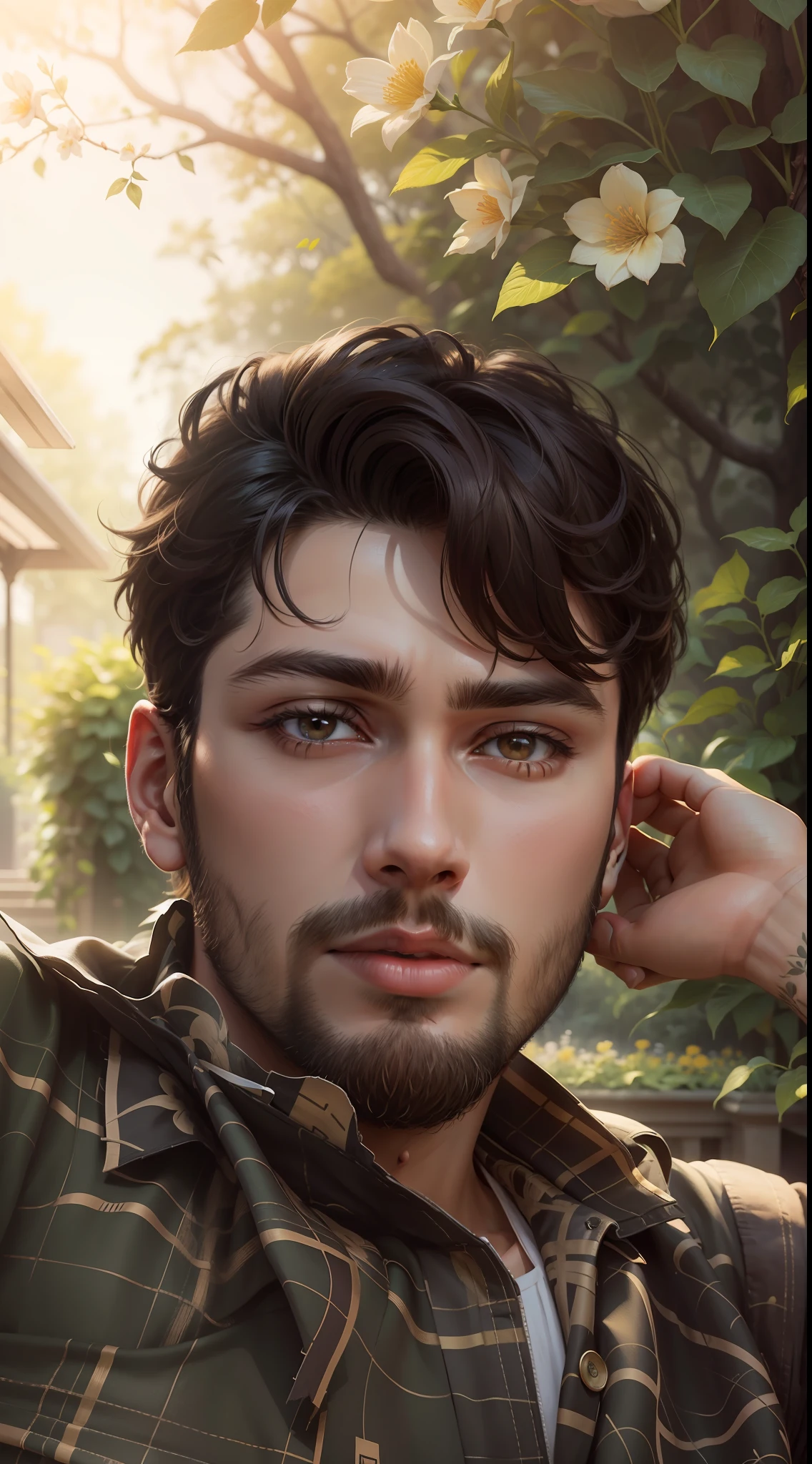 Change background beautiful garden with flowers, handsome boy, cute boy, realistic face, ultra high res, photorealistic, raw photo, 8k