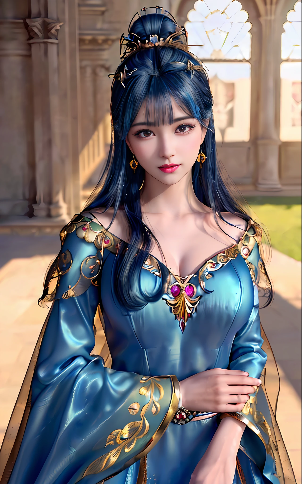 ((realisticity: 1.2)), ((best resolution: 8K UHD)), best quality,masterpiece,highres,cg,
((1 super detailed and super realistic girl)), ((very beautiful queen dazzling, super realistic, and super detailed)),((white skin, beautiful, smooth, youthful, super realistic and super detailed
)), long hair, ((super realistic and super detailed dress)), solo, ((super realistic, super beautiful, gorgeous and super detailed jewelry)), ((super beautiful, super realistic and super detailed dark red and golden yellow dress)),
((super beautiful, super realistic, super detailed diamond filled earrings)),
((super beautiful, super realistic and super detailed diamond filled hair ornament)), ((super beautiful upper body, super beautiful, super realistic and super detailed)), ((big breasts: 2.5)),
((super grand, super realistic and super detailed royal palace backgroun))
((super beautiful, super beautiful, super realistic and super detailed hair bun)), ((super beautiful, super realistic and super detailed blue hair)),
candid, Photograph, high resolution, 8k,Bokeh,