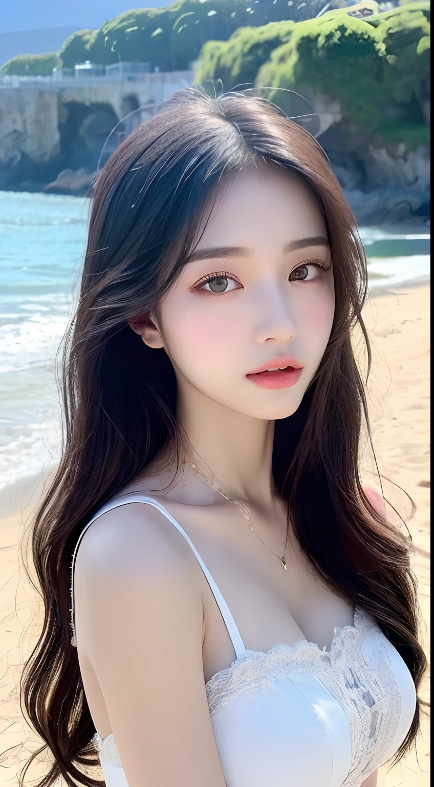 ((Best Quality, 8k, Masterpiece: 1.3)), 1 girl, full body, slim face, pretty woman, (black hair), super detailed face, detailed eyes, double eyelids, blurred background, slim face, seaside, outside, beach,