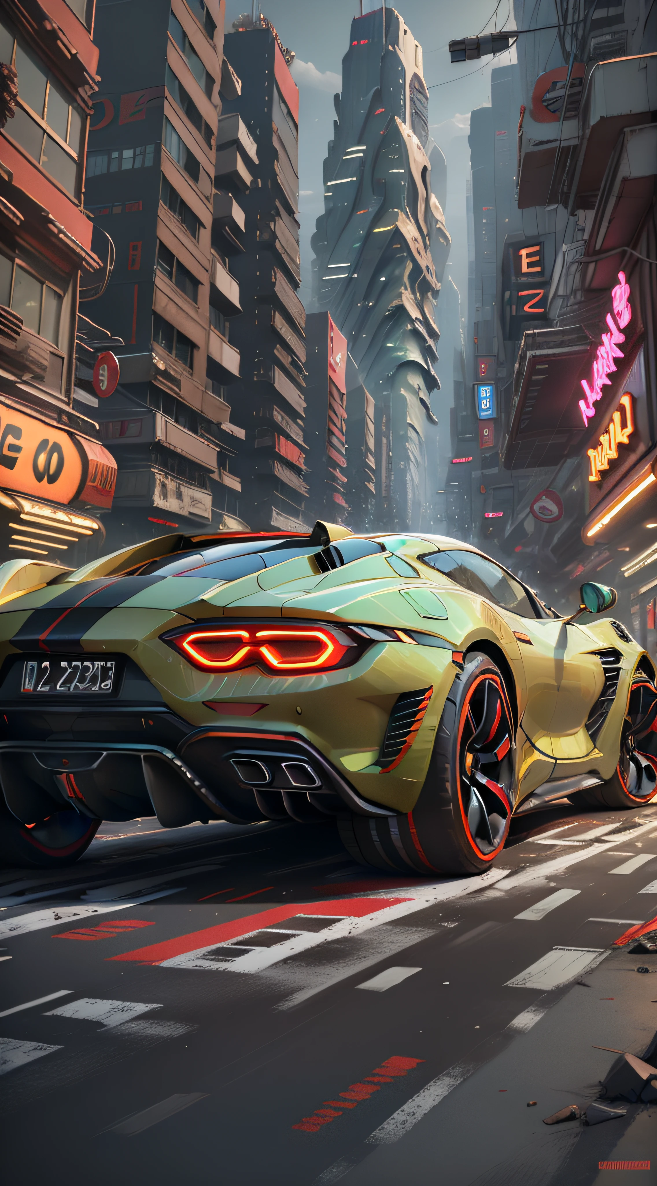 "A sleek and futuristic sports car racing through the neon-lit streets of a bustling metropolis."