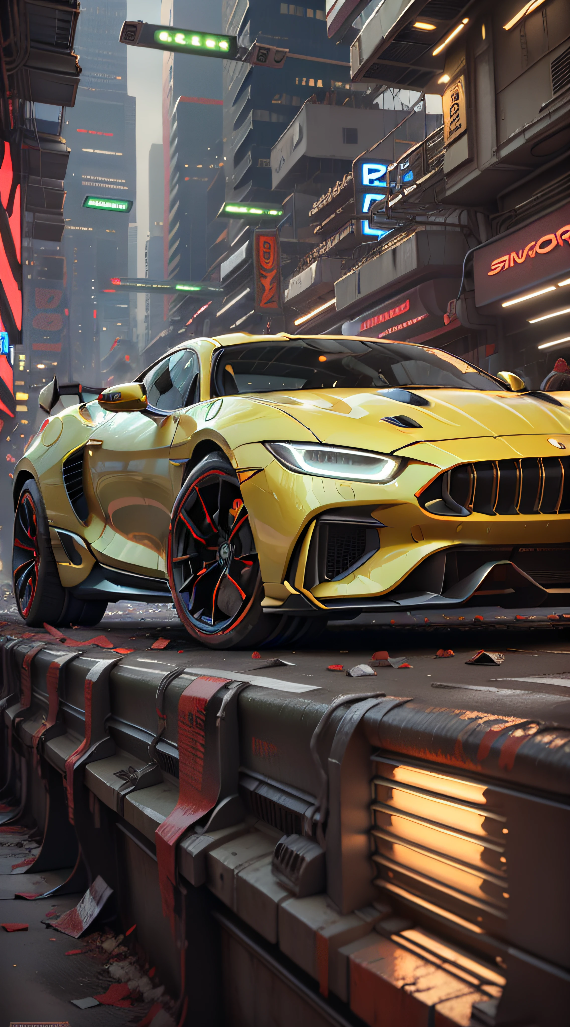 "A sleek and futuristic sports car racing through the neon-lit streets of a bustling metropolis."