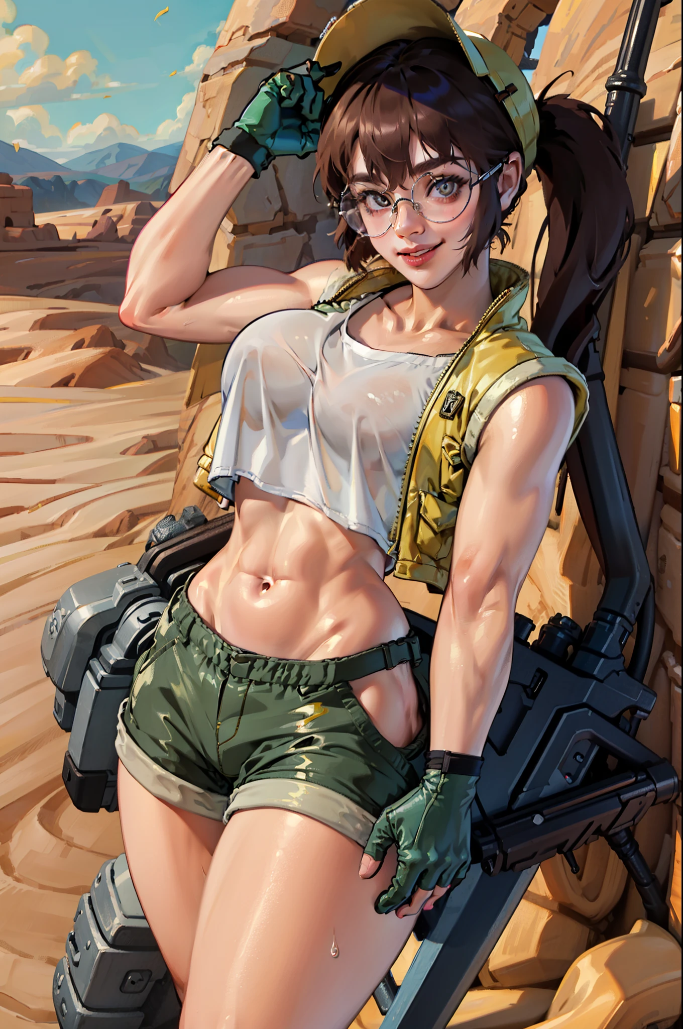 (FioGermiWaifu:1), 1girl, curvy, (shorts, crop top, gloves, round eyewear, vest, baseball cap), looking at viewer, cute pose, smile, :D, (masterpiece:1.2), (best quality, highest quality), (ultra detailed), (8k, 4k, intricate),(full-body-shot:1),(Cowboy-shot:1.2), (50mm), (highly detailed:1.2),(detailed face:1.2), detailed_eyes,(gradients),(ambient light:1.3),(cinematic composition:1.3),(HDR:1),Accent Lighting,extremely detailed CG unity 8k wallpaper,original, highres,(perfect_anatomy:1.2), solo, wide shot, nsfw, (detailed ladscape, desert, :1.2),(detailed background),(dynamic_angle:1.2), (dynamic_pose:1.2), (rule of third_composition:1.3), (dynamic_perspective:1.2), (dynamic_Line_of_action:1.2),