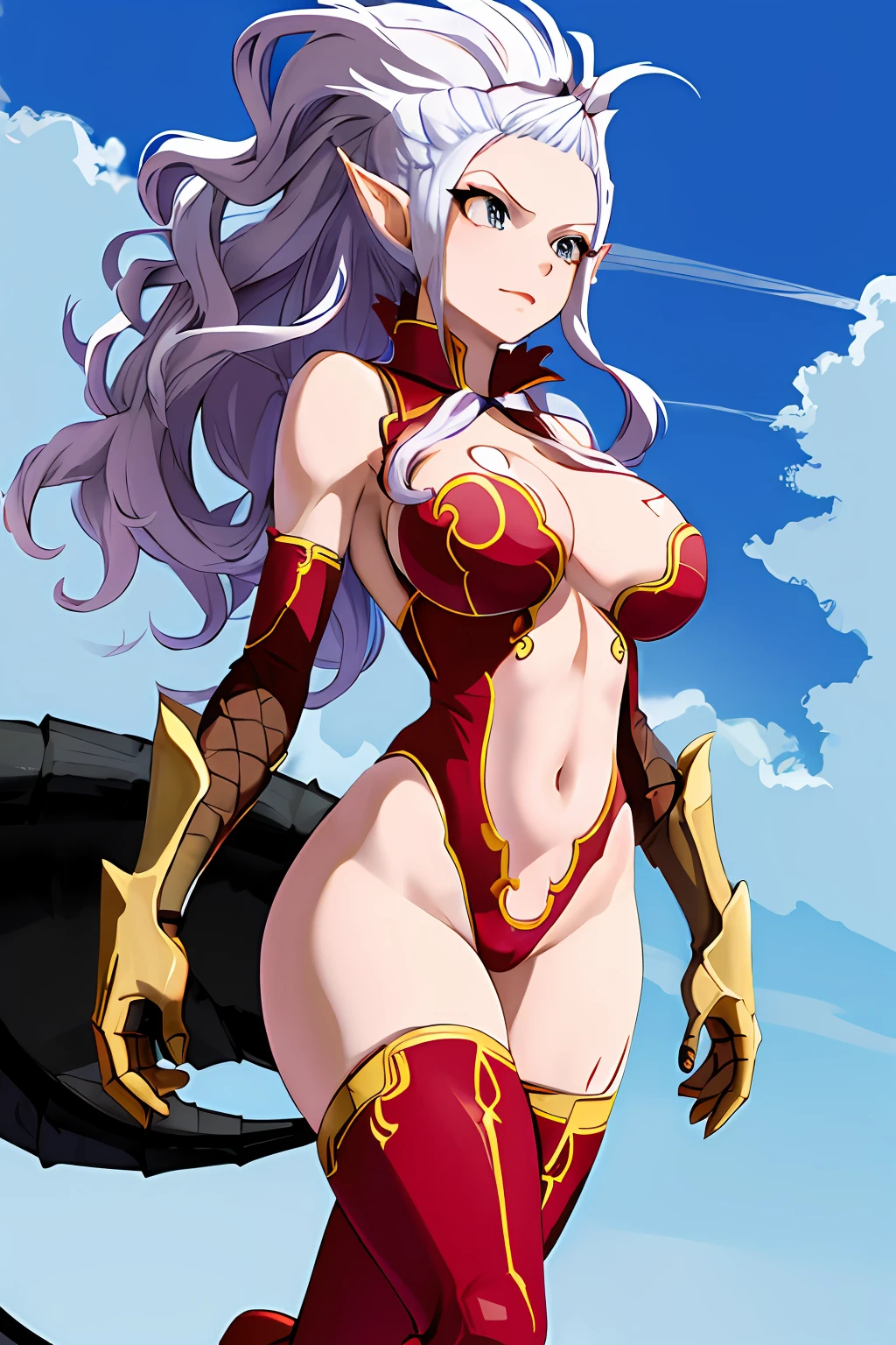 masterpiece, best quality, highres, bbmira, monster girl, long hair, floating hair, pointy ears, wings, tail, cleavage, red leotard, center opening, gloves, claws, navel, thighhighs, thigh boots, fly, sky, cloud