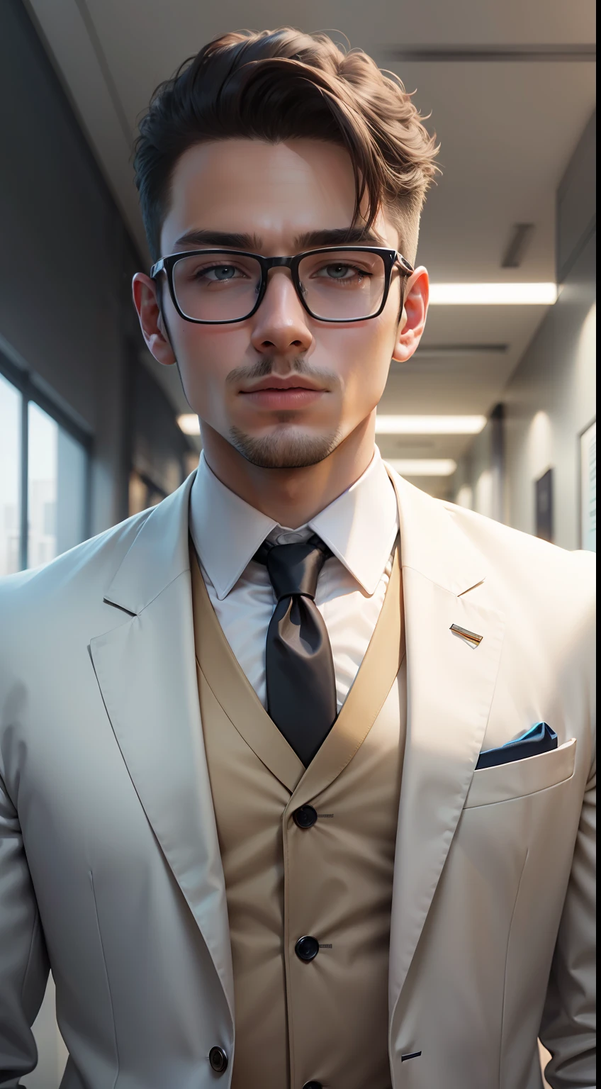 a young Business Man wearing modern white suit , change background to office , 8k quality, ultra realistic