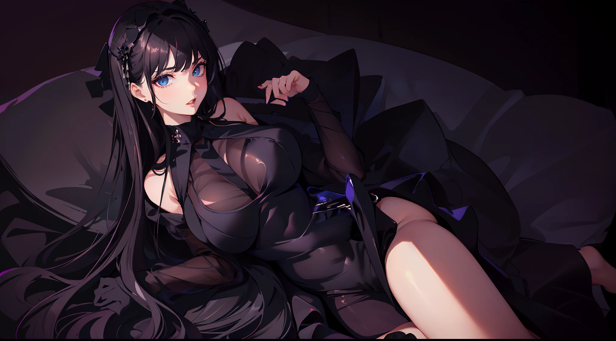 (Masterpiece), best quality, UHD,HDR,8k, expressive eyes, perfect face, 1girl, cute, sexy, (perfect body), (realistic body proportions), big breasts, black hair, long hair, straight hair, dark blue eyes, (sfw), (formal black dress:2), (close up shot)